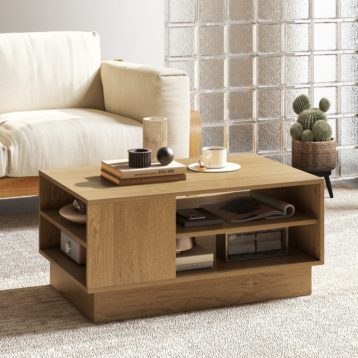 Mesa de Centro Retangular Moderna com 2 Estantes Abertos Mesa Auxiliar para Sala de Estar Sala de Receção 86 x 56 x 41 cm Natural