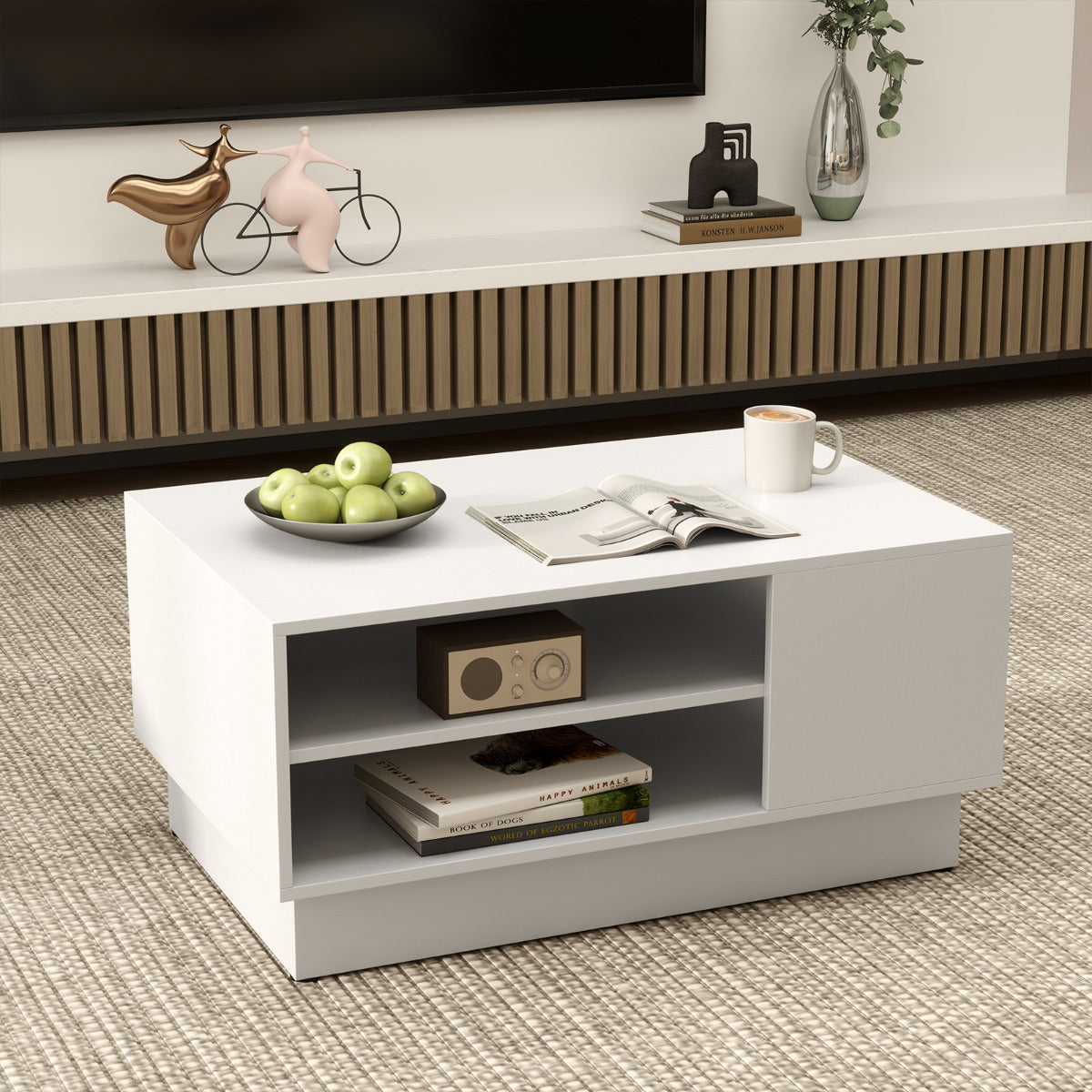 Mesa de Centro Moderna com 2 Estantes Abertos em Branco para Sala de Estar 86 x 56 x 41 cm