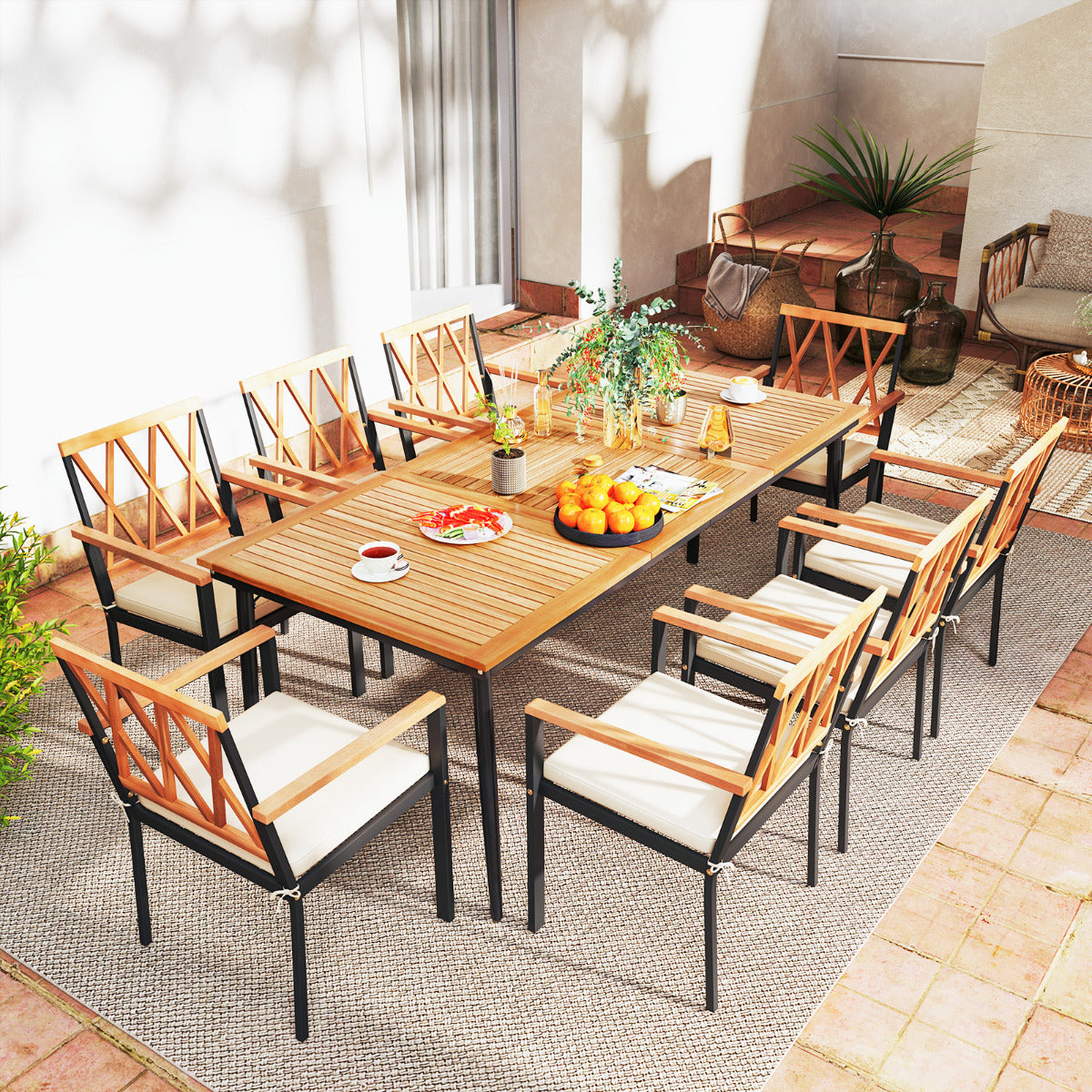Mesa de Jantar de Jardim em Madeira de Acácia para 8 Pessoas - Mesa de Pátio de 200 x 90 cm com Orifício para Guarda-Sol de 5 cm e Pernas em Metal