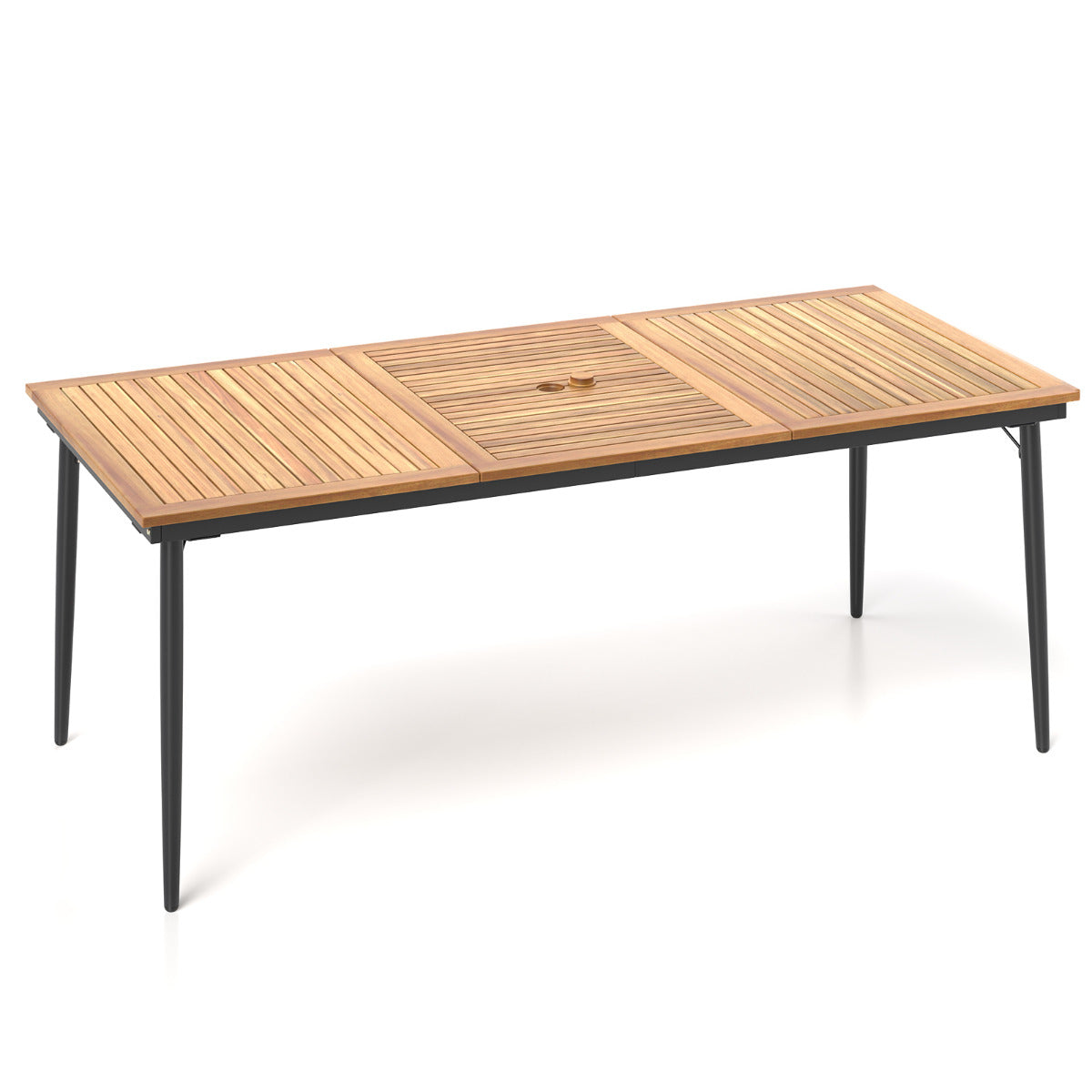 Mesa de Jantar de Jardim em Madeira de Acácia para 8 Pessoas - Mesa de Pátio de 200 x 90 cm com Orifício para Guarda-Sol de 5 cm e Pernas em Metal
