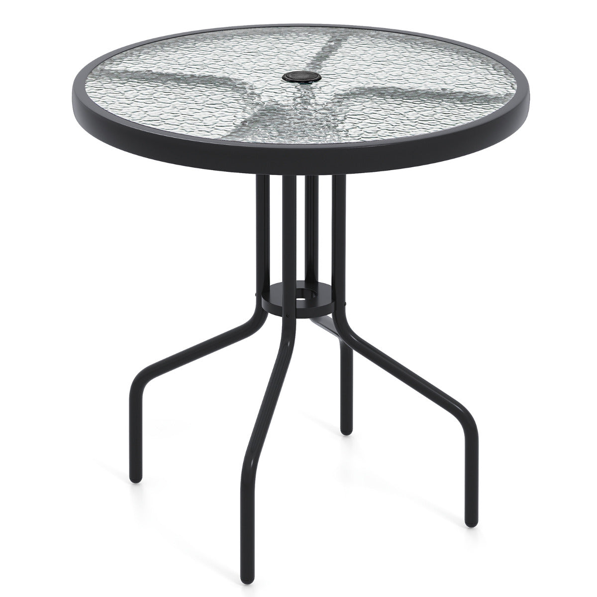 Mesa de Jantar de Jardim Redonda de 70 cm em Vidro Temperado e Estrutura Metálica com Orifício para Guarda-Sol