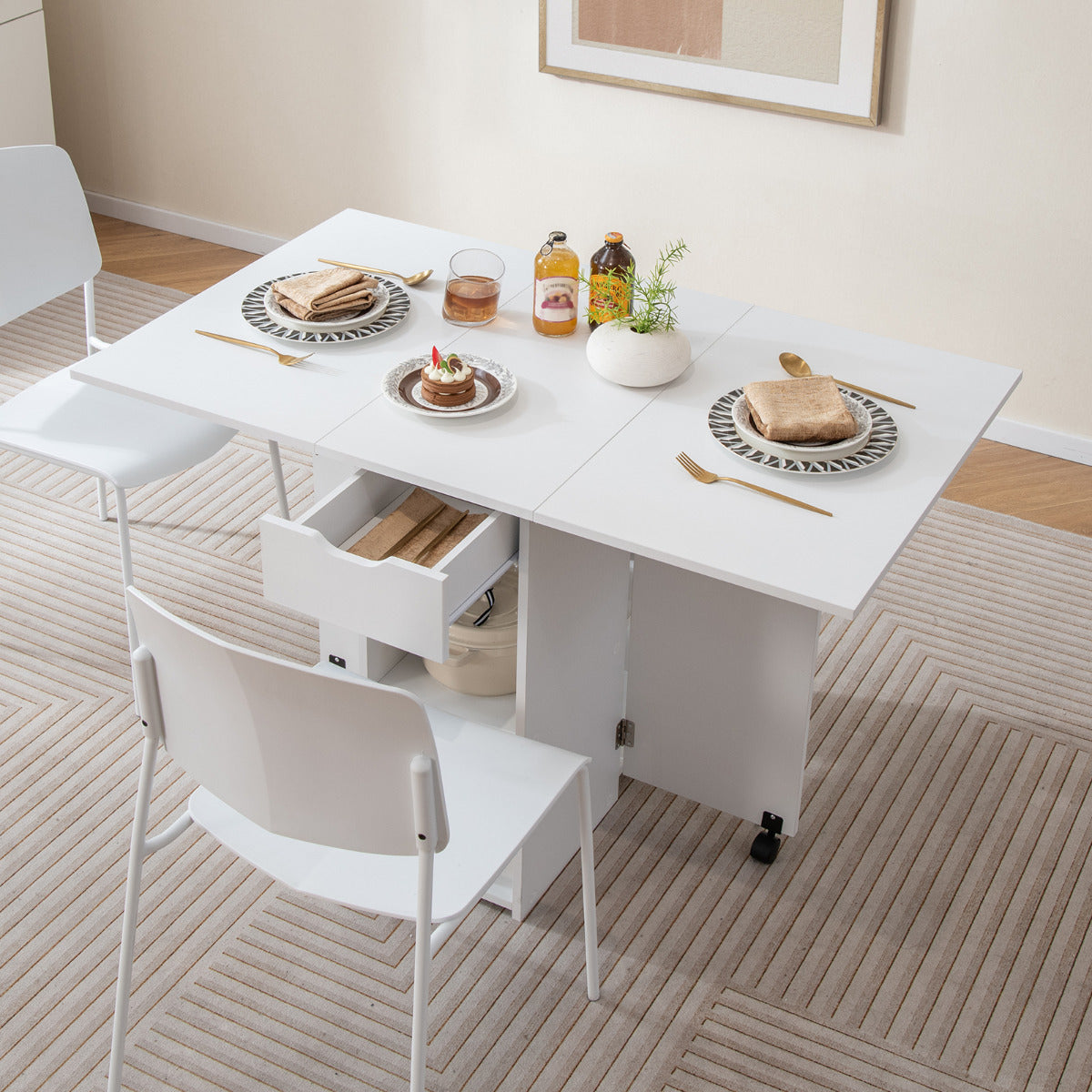 Mesa de Jantar Dobrável com 2 Rodas Mesa Abatível para Espaços Pequenos com Prateleira Gaveta Mesa Consola Versátil para Cozinha Branco