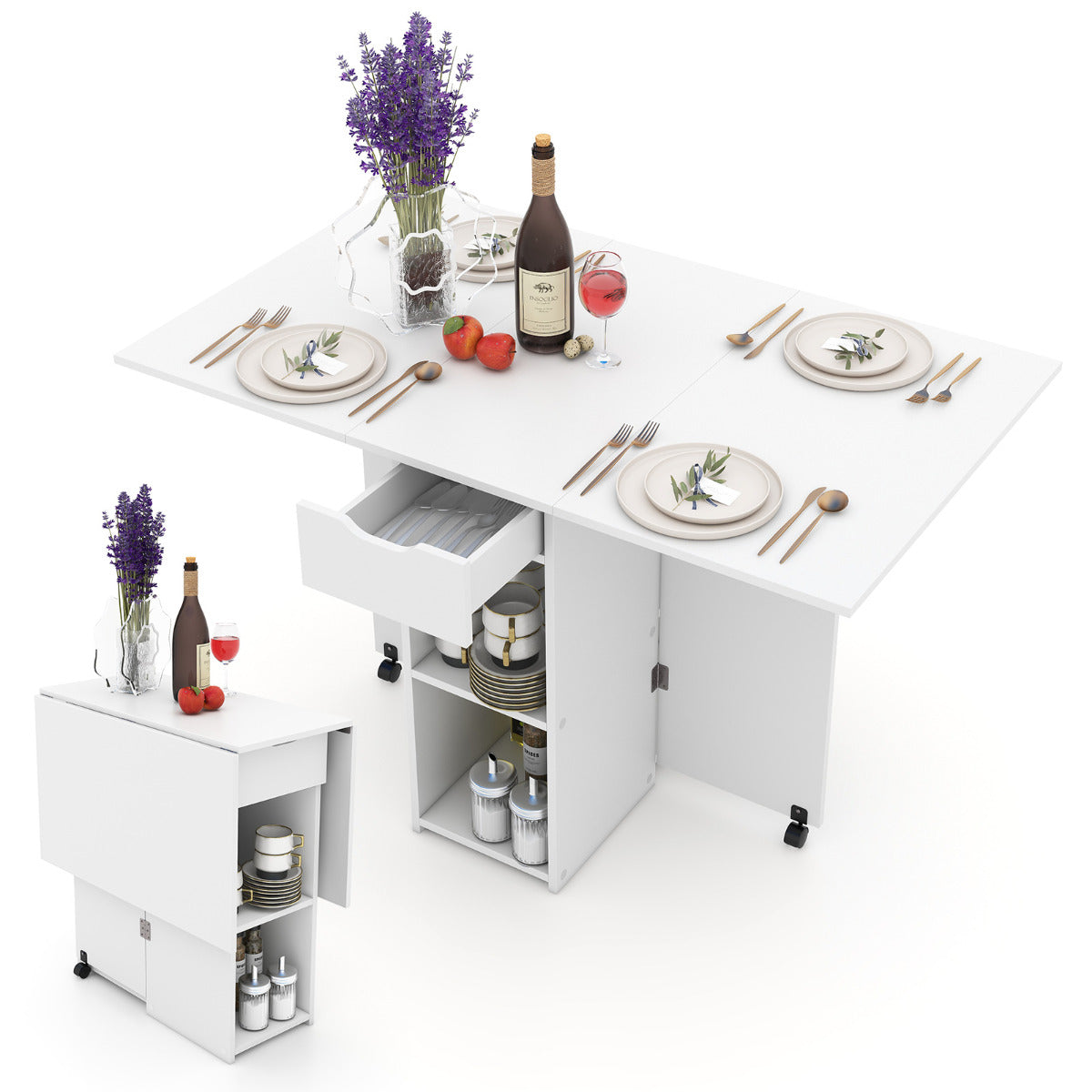 Mesa de Jantar Dobrável com 2 Rodas Mesa Abatível para Espaços Pequenos com Prateleira Gaveta Mesa Consola Versátil para Cozinha Branco