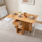 Mesa de Jantar Dobrável com 2 Rodas Mesa Rebatível para Espaços Pequenos com Prateleira Gaveta Mesa Consola Versátil para Cozinha Natural