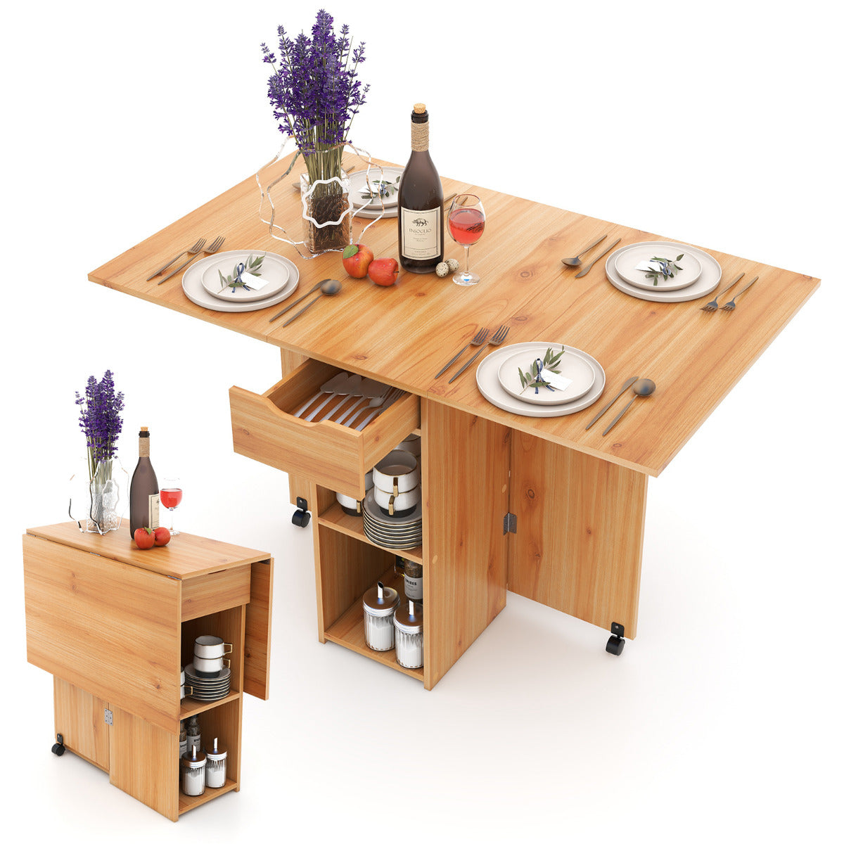 Mesa de Jantar Dobrável com 2 Rodas Mesa Rebatível para Espaços Pequenos com Prateleira Gaveta Mesa Consola Versátil para Cozinha Natural