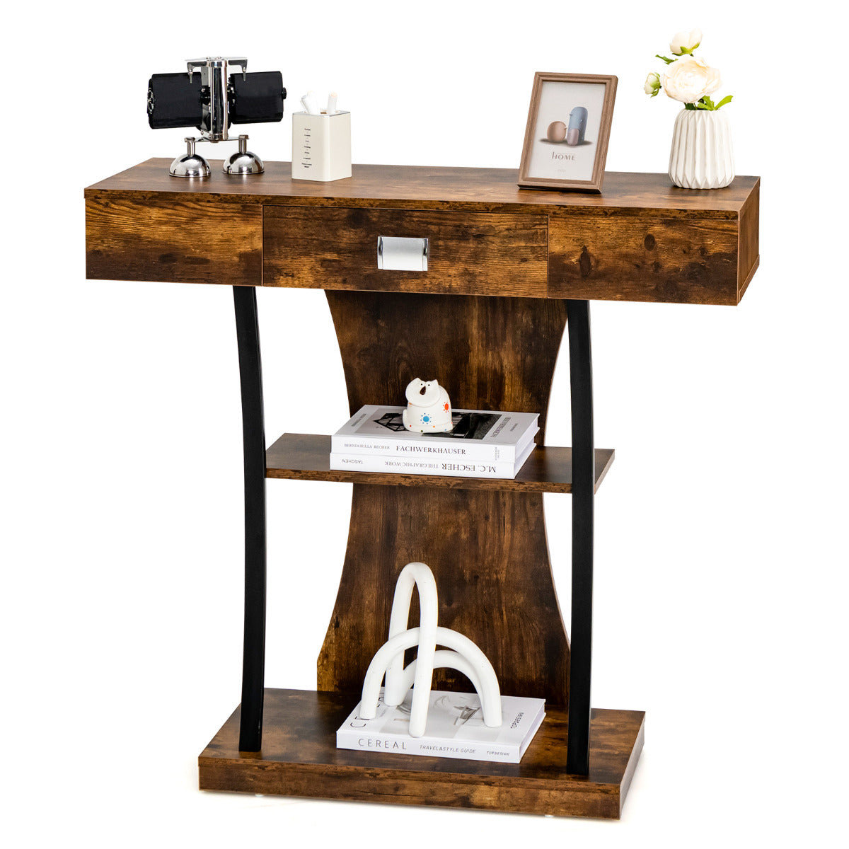 Mesa de Consola em T para Espaços Pequenos com Gaveta e Prateleiras Antivuelco