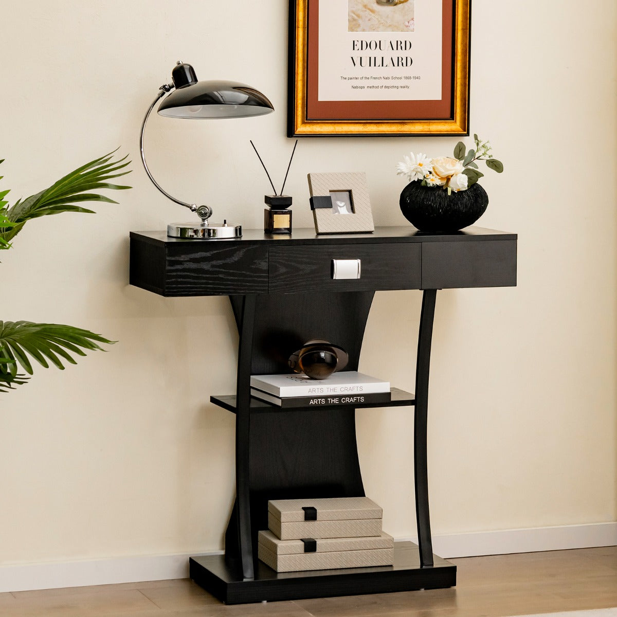 Mesa de Consola em Forma de T com Gaveta e Prateleiras Mesa de Hall de Entrada Moderna 91 x 30 x 88 cm - Preto
