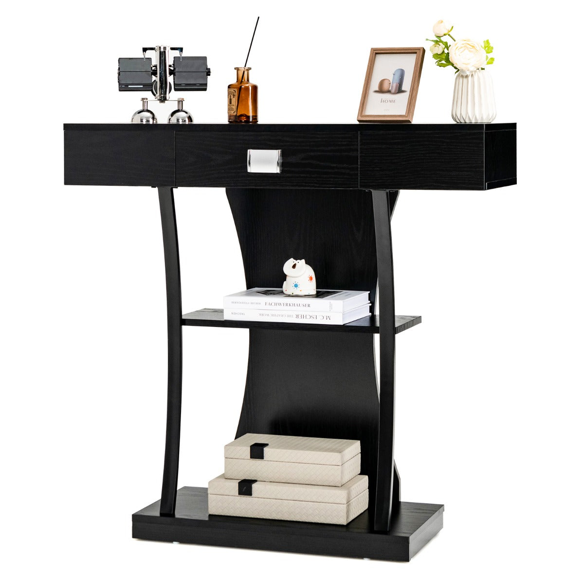 Mesa de Consola em Forma de T com Gaveta e Prateleiras Mesa de Hall de Entrada Moderna 91 x 30 x 88 cm - Preto