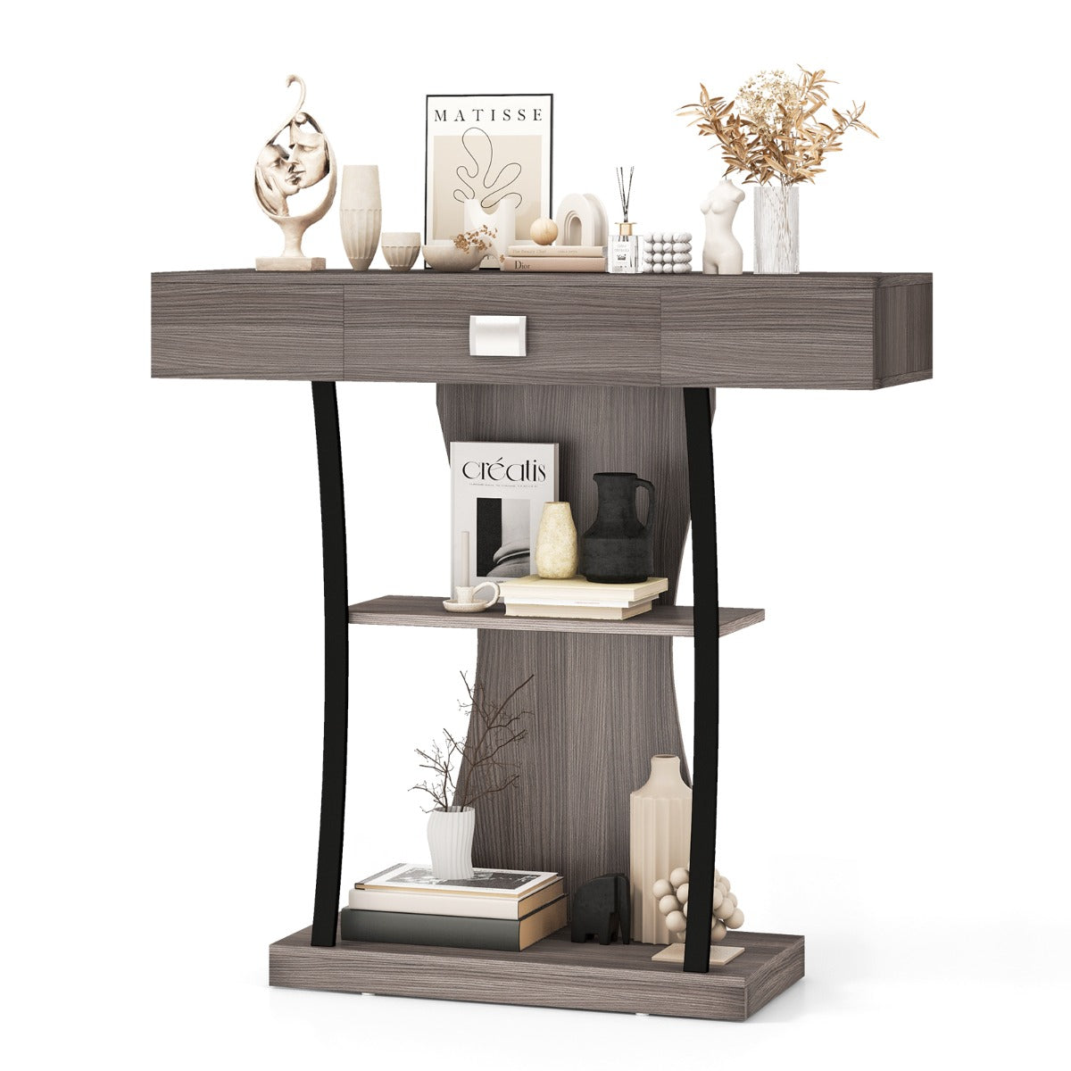 Mesa de Consola em Forma de T com Gaveta e Prateleiras Mesa de Entrada Moderna 91 x 30 x 88 cm - Cinzento