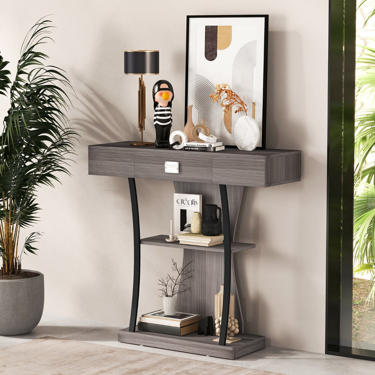 Mesa de Consola em Forma de T com Gaveta e Prateleiras Mesa de Entrada Moderna 91 x 30 x 88 cm - Cinzento