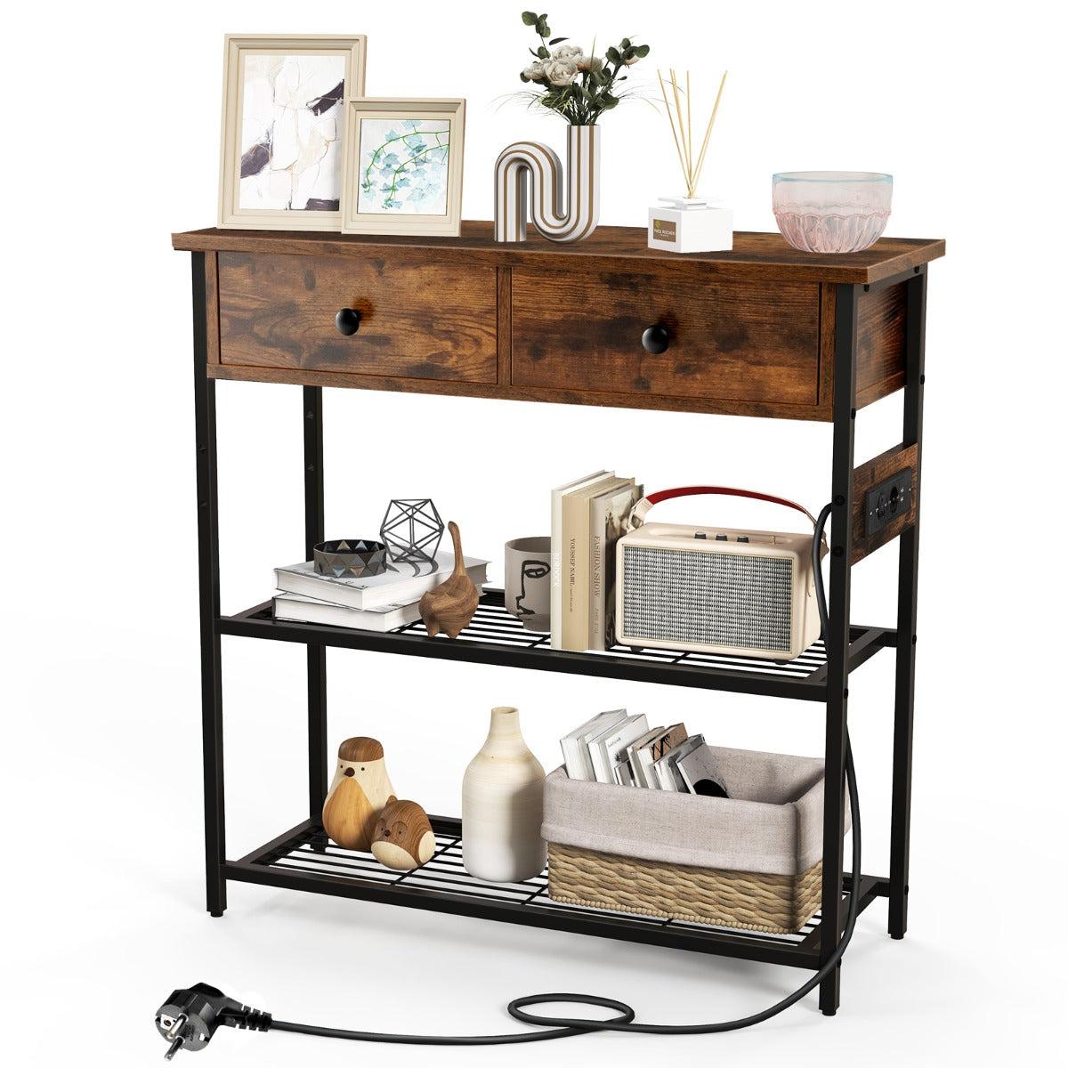 Consola de Entrada com Estação de Carregamento – 81 x 30 x 81 cm – Cor Castanha – Metal