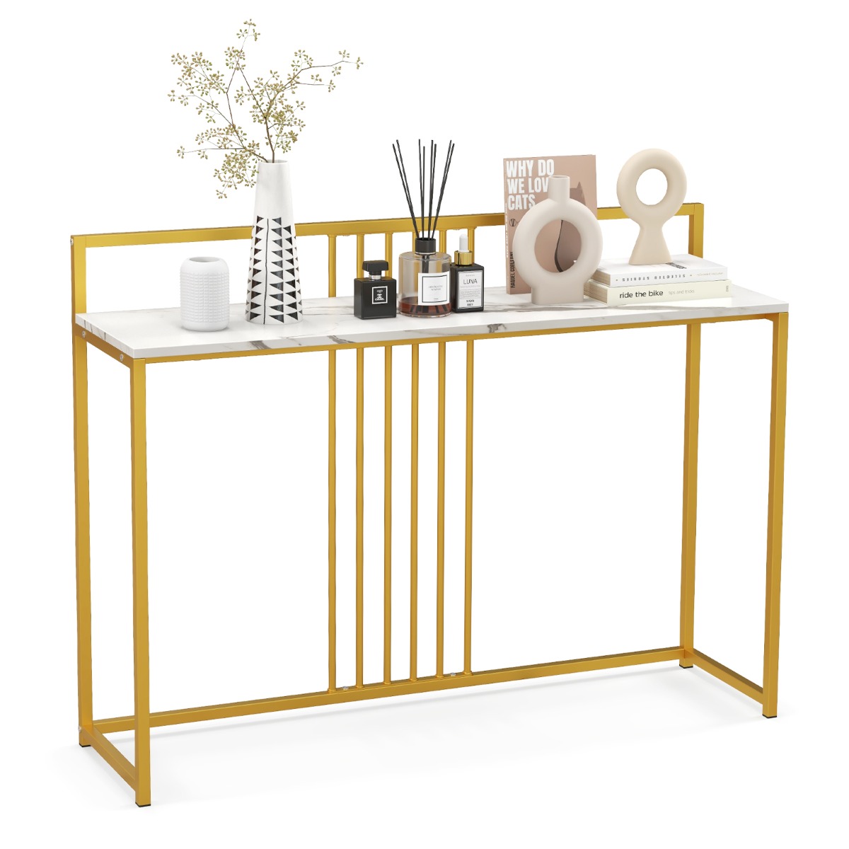 Mesa de Entrada – 120 x 32 x 89 cm – Branco – Mármore Artificial, Metal Dourado