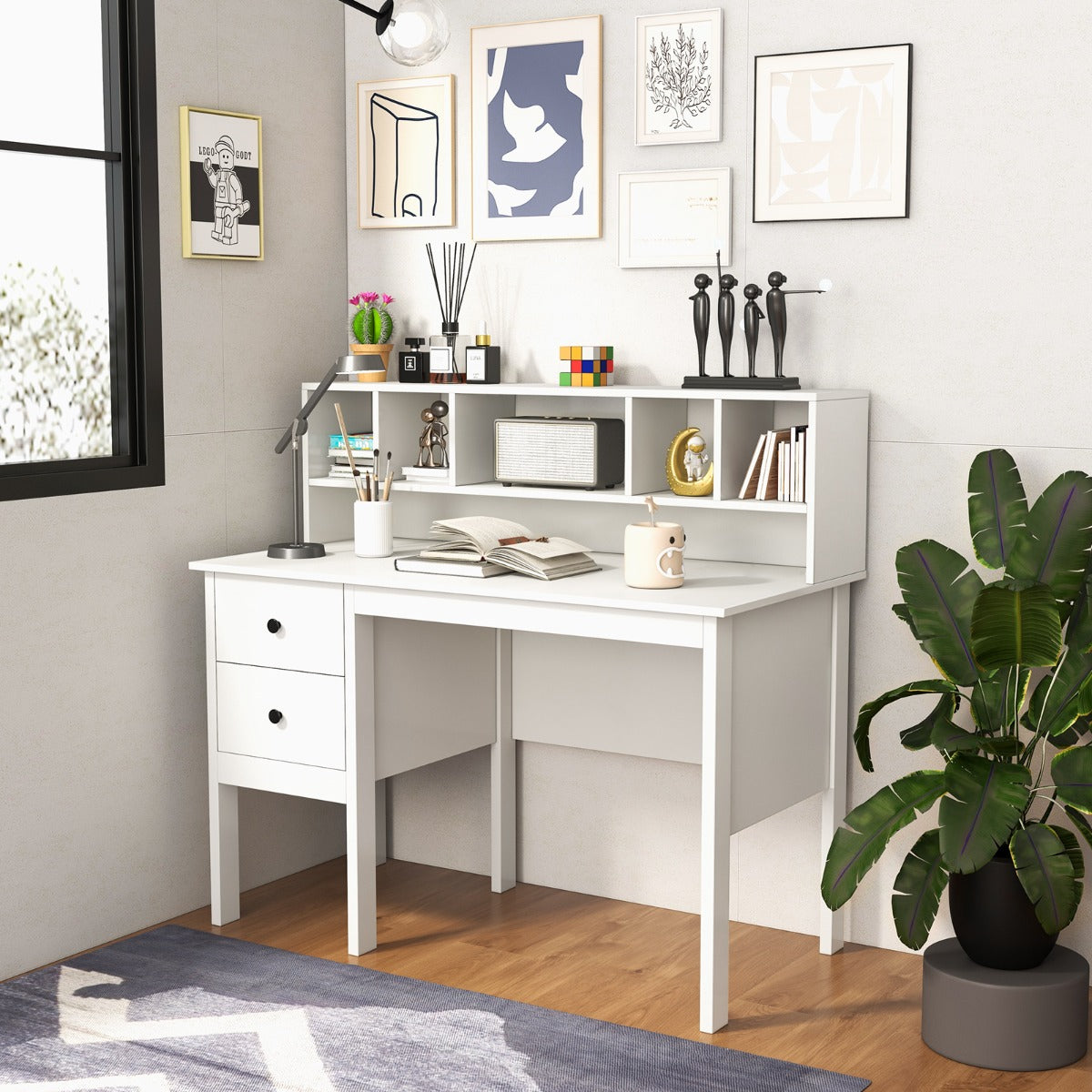Mesa de Escritório com 2 Gavetas e Prateleira de 5 Cubículos – 120 x 60 x 110 cm – Branco
