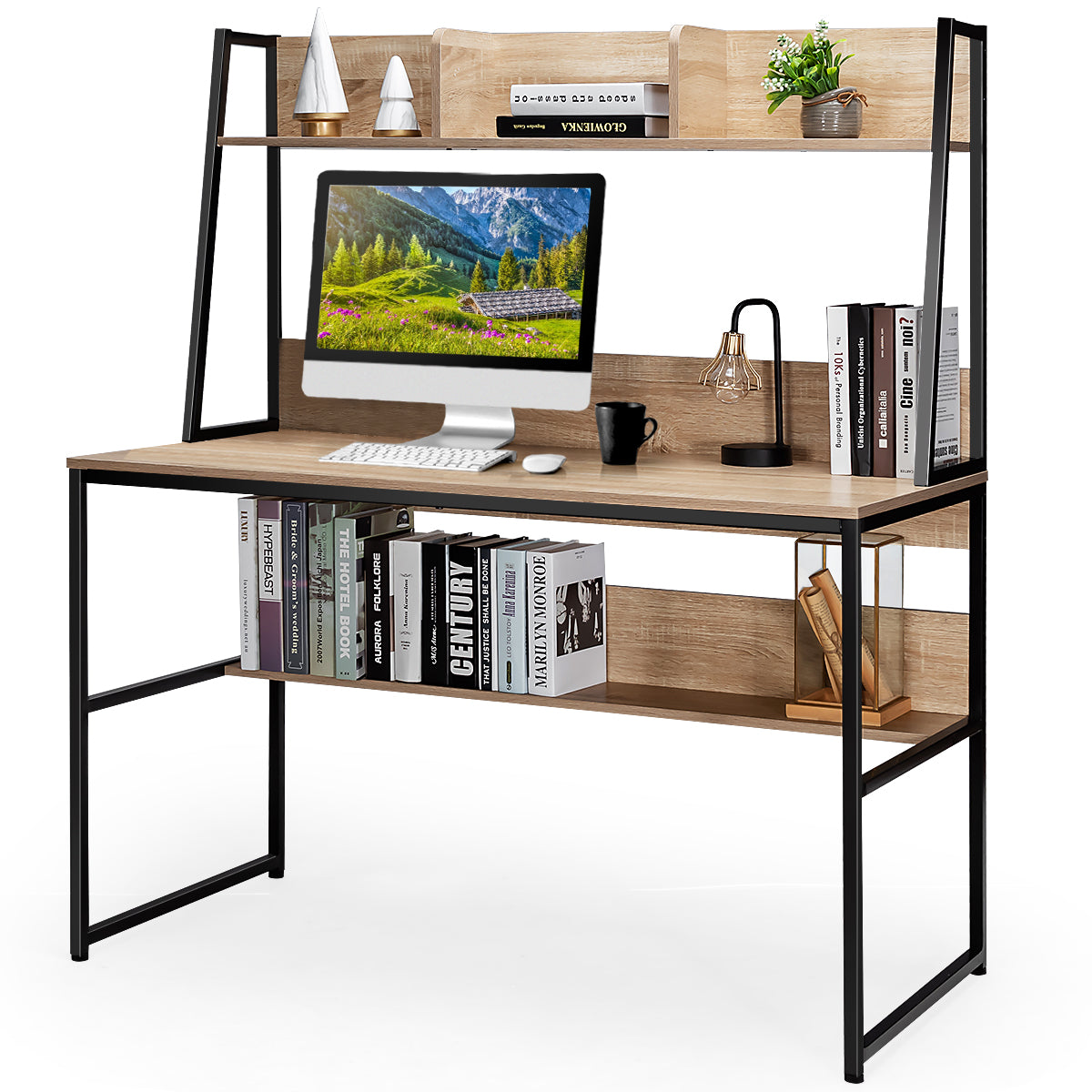 Escritório com Estante 3 Cubos de Armazenamento Design Poupa-Espaço 120 x 57 x 139,5 cm-Natural
