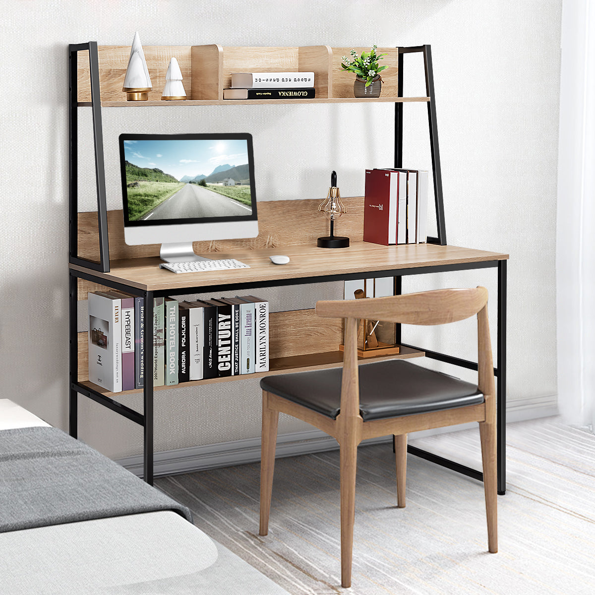 Escritório com Estante 3 Cubos de Armazenamento Design Poupa-Espaço 120 x 57 x 139,5 cm-Natural