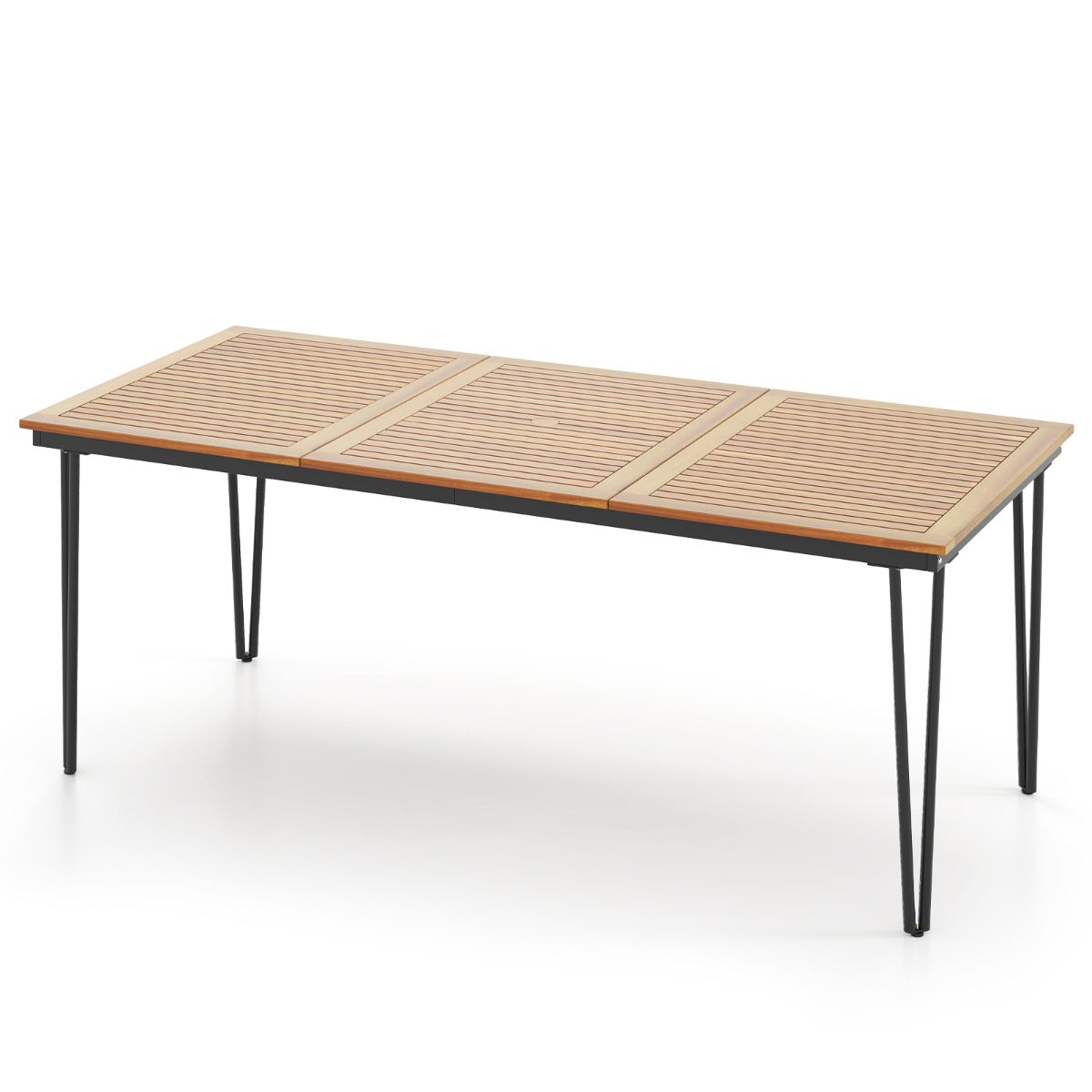 Mesa de Jantar de Jardim para 8 Pessoas com Orifício para Guarda-Sol Superfície em Acácia e Estrutura Metálica 200 x 90 x 75 cm Natural