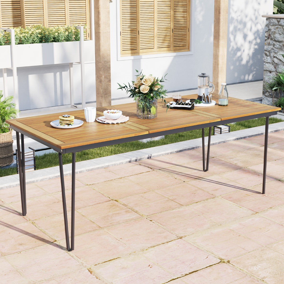Mesa de Jantar de Jardim para 8 Pessoas com Orifício para Guarda-Sol Superfície em Acácia e Estrutura Metálica 200 x 90 x 75 cm Natural