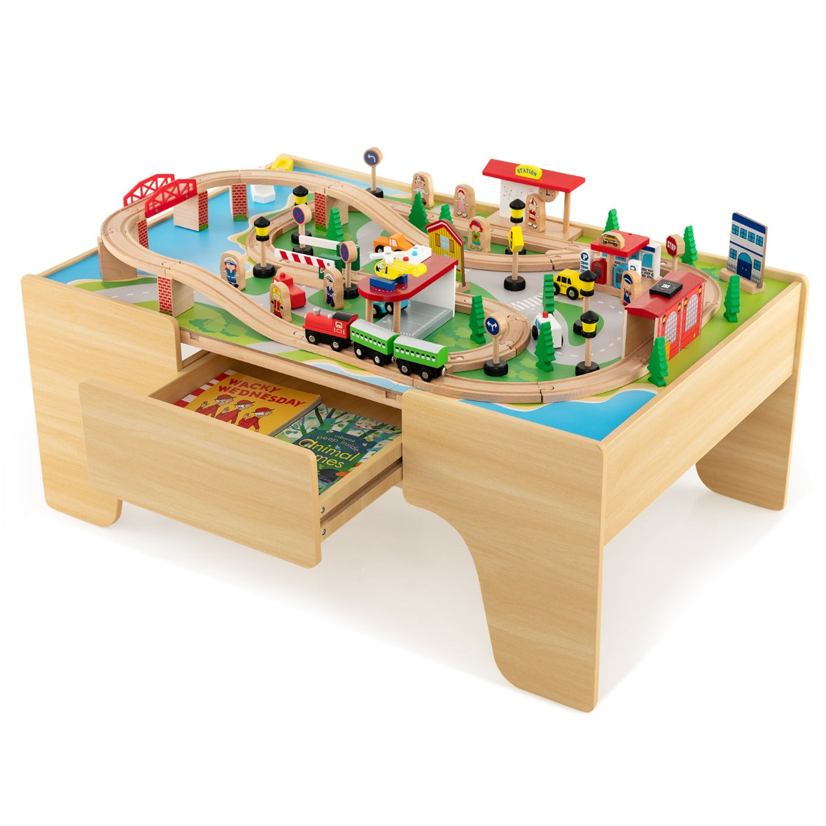 Mesa de Jogo de Comboio – 97 x 62,5 x 39,5 cm – Natural – Madeira Maciça