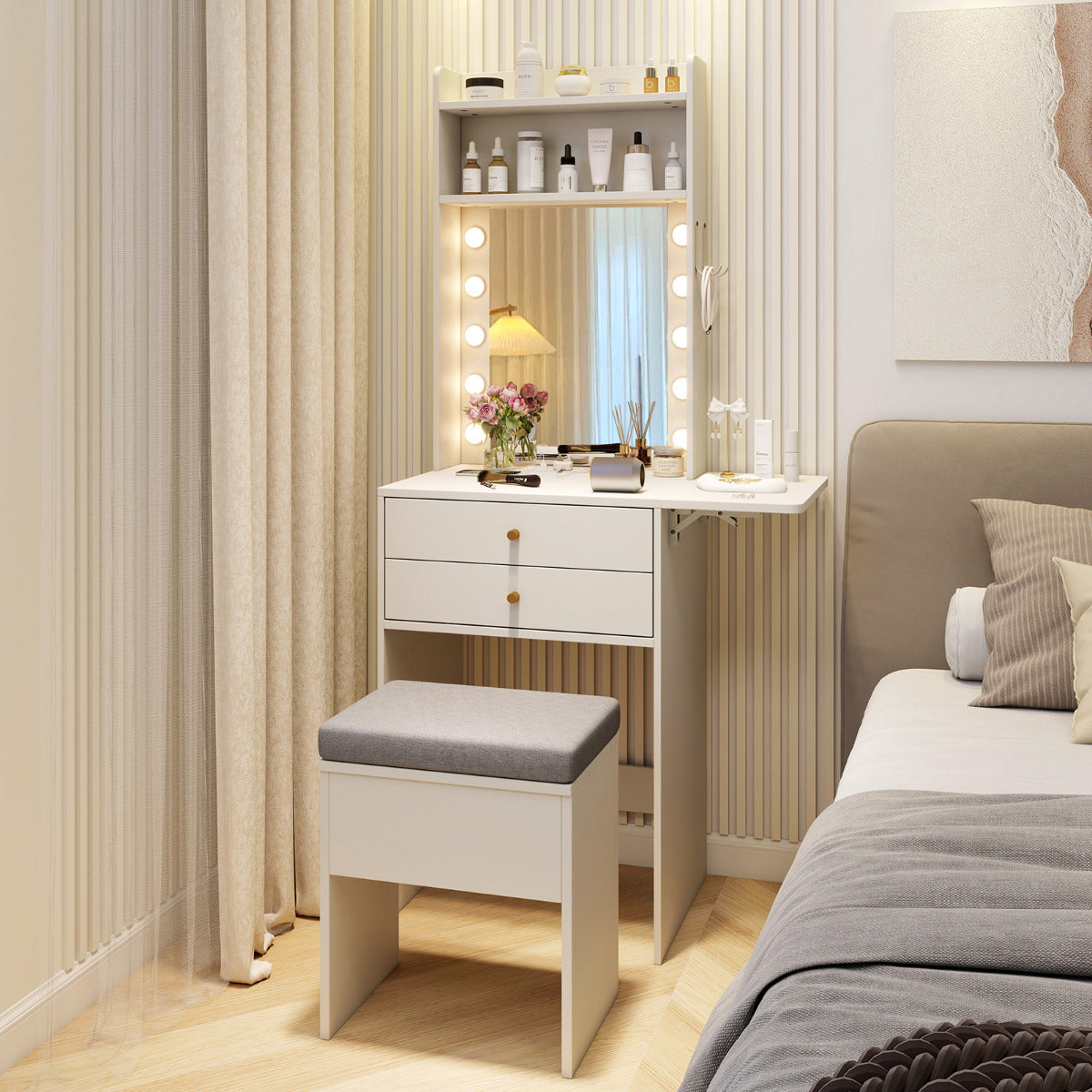 Conjunto de Tocador com Espelho com Luzes, Banco com Gavetas e Prateleiras Branco