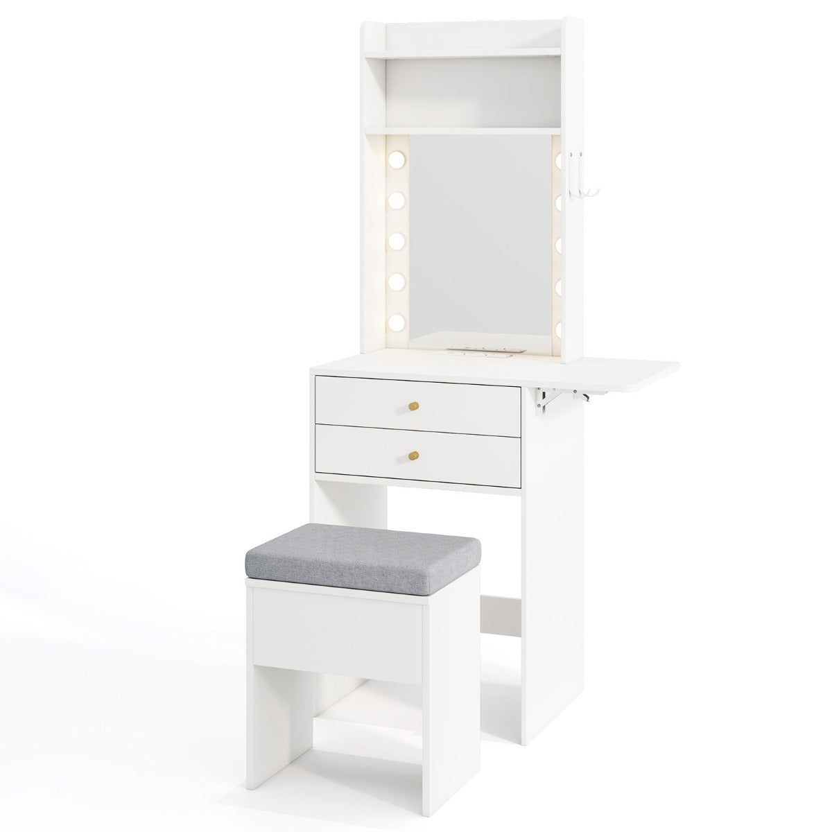 Conjunto de Tocador com Espelho com Luzes, Banco com Gavetas e Prateleiras Branco