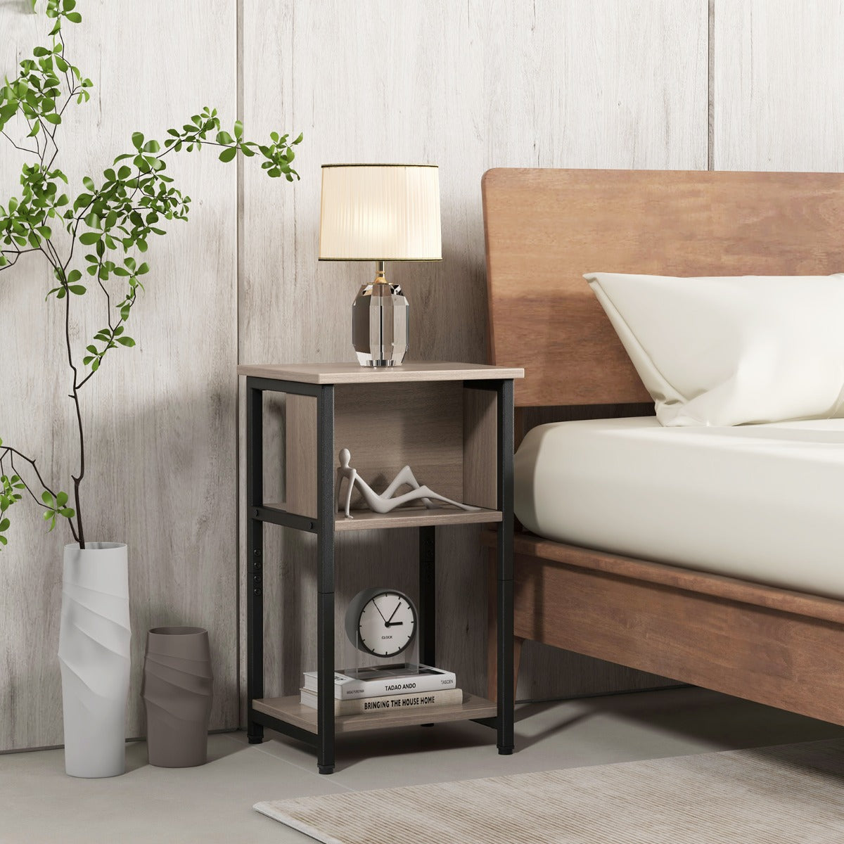 Mesinha de Cabeceira de 3 Níveis com Estação de Carregamento USB e Tomadas de Corrente para Quarto 34 x 30 x 58,5 cm Cinzento