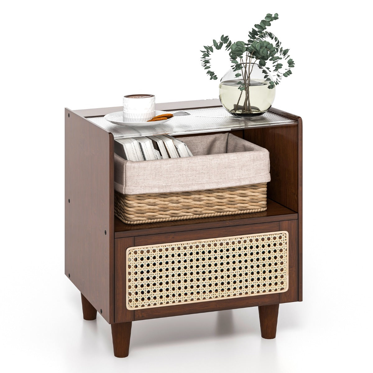 Mesa de Cabeceira de Bambú e Ratã com Gaveta e Pés de Madeira Maciça Mesa Auxiliar para Quarto Salão Castanho 43 x 35 x 50 cm - Conjunto de 1