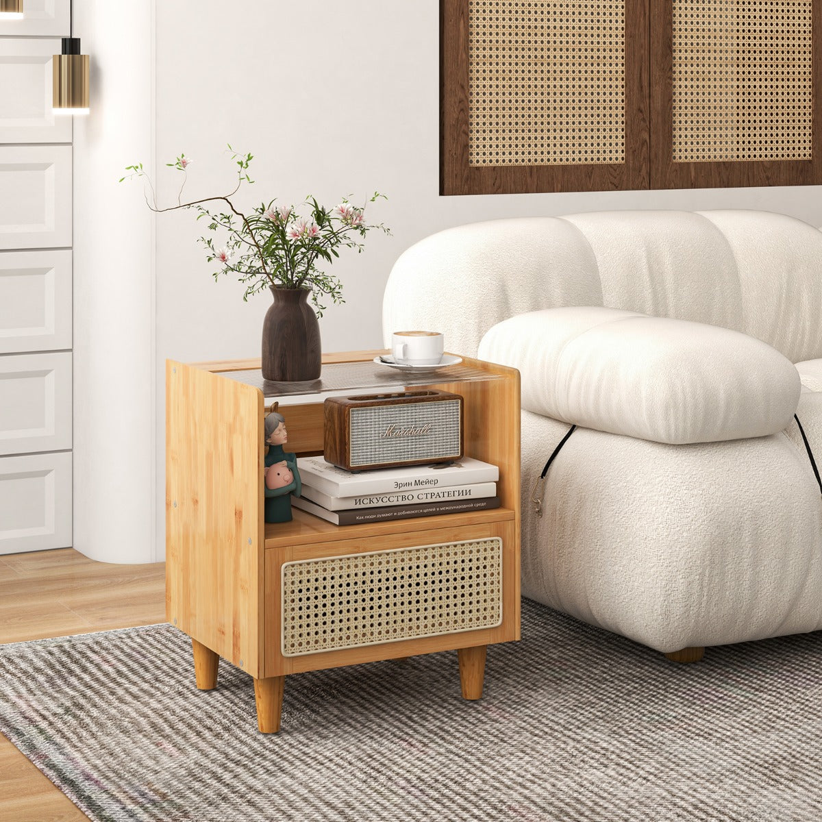 Mesa de Cabeceira em Bambu e Ratan com Gaveta e Pernas em Madeira Maciça Mesa Auxiliar para Quarto Sala Natural 43 x 35 x 50 cm - Conjunto de 1