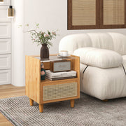 Mesa de Cabeceira em Bambu e Ratan com Gaveta e Pernas em Madeira Maciça Mesa Auxiliar para Quarto Sala Natural 43 x 35 x 50 cm - Conjunto de 1