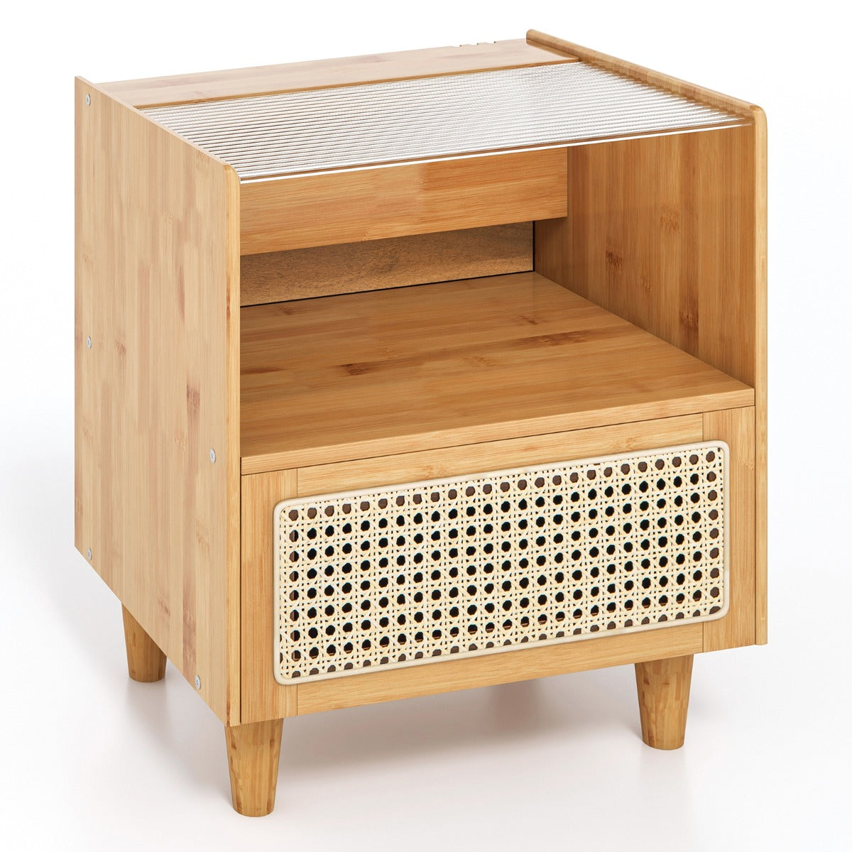Mesa de Cabeceira em Bambu e Ratan com Gaveta e Pernas em Madeira Maciça Mesa Auxiliar para Quarto Sala Natural 43 x 35 x 50 cm - Conjunto de 1