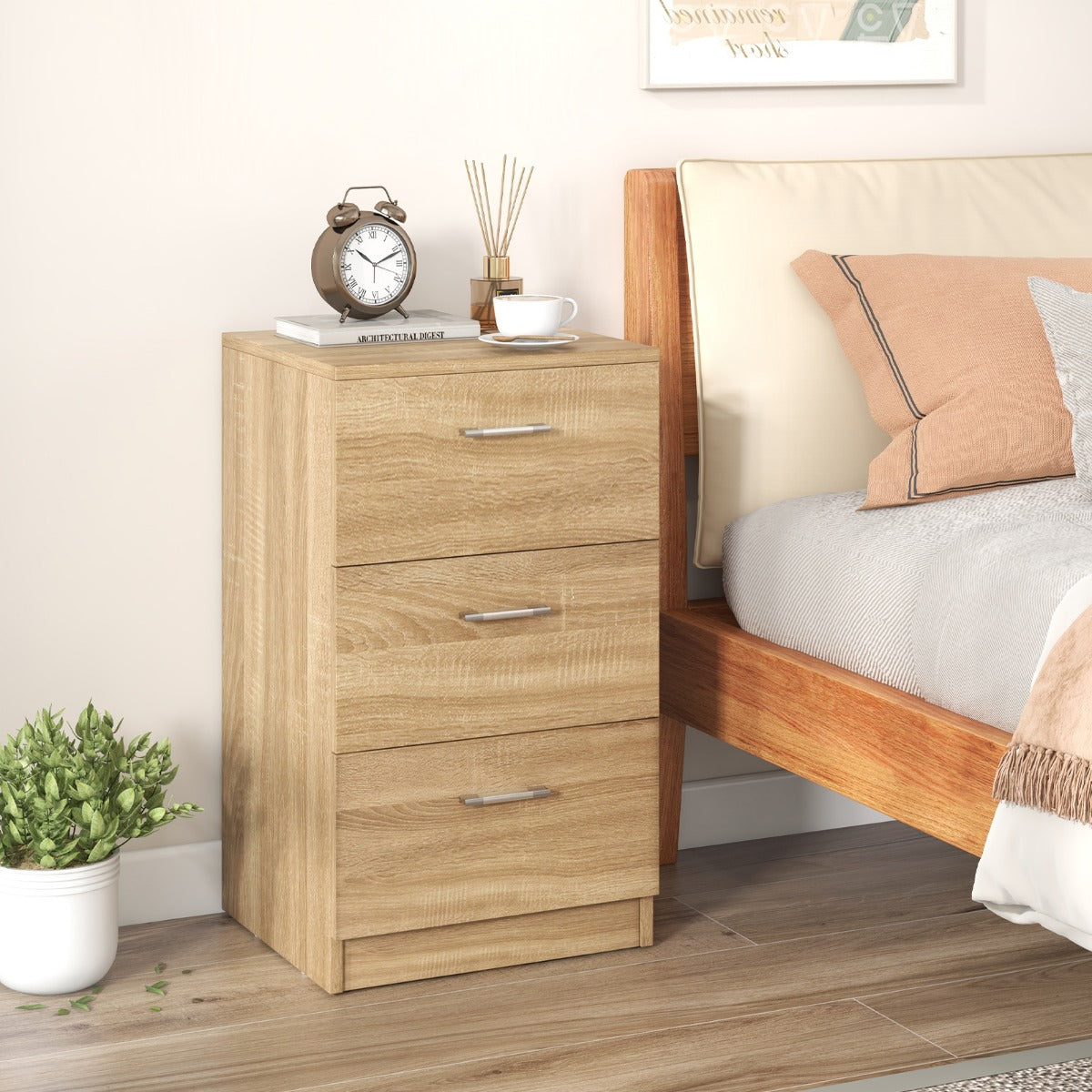 Mesinha de Cabeceira em Madeira Maciça com 3 Gavetas de Arrumação Estilo Simples e Elegante para Sala Quarto 38 x 35 x 66 cm Natural