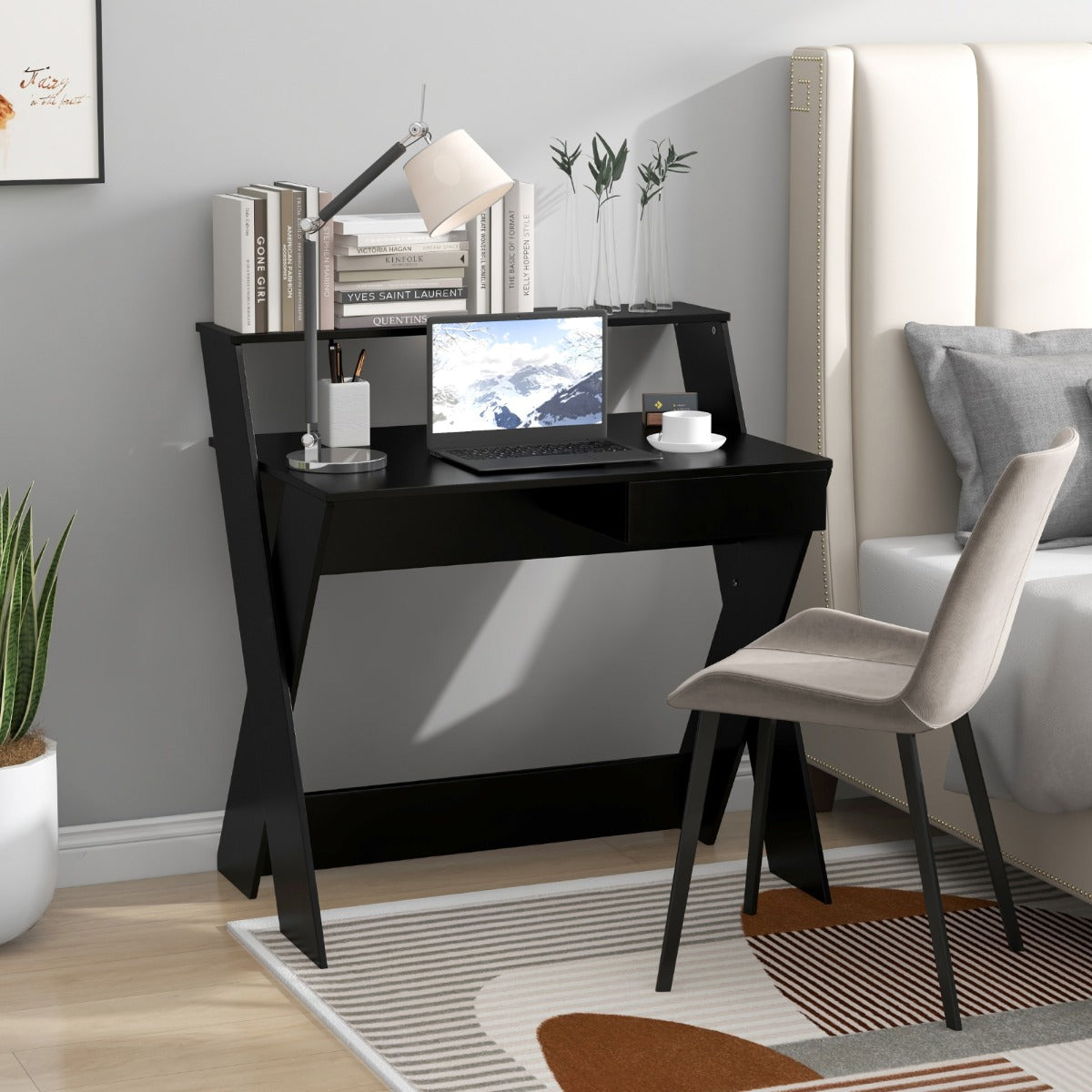 Mesa de Computador com Gaveta, Elevador de Ecrã, Apoio para Pés e Pernas em Forma de X para Casa e Escritório 90 x 60 x 94 cm Preto