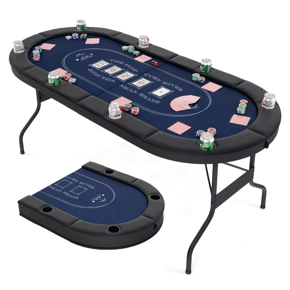 Mesa de Póker Plegável de 182 cm para 8 Jogadores - Mesa Oval Portátil com Porta-Copos e Barreiras Acolchoadas - Azul