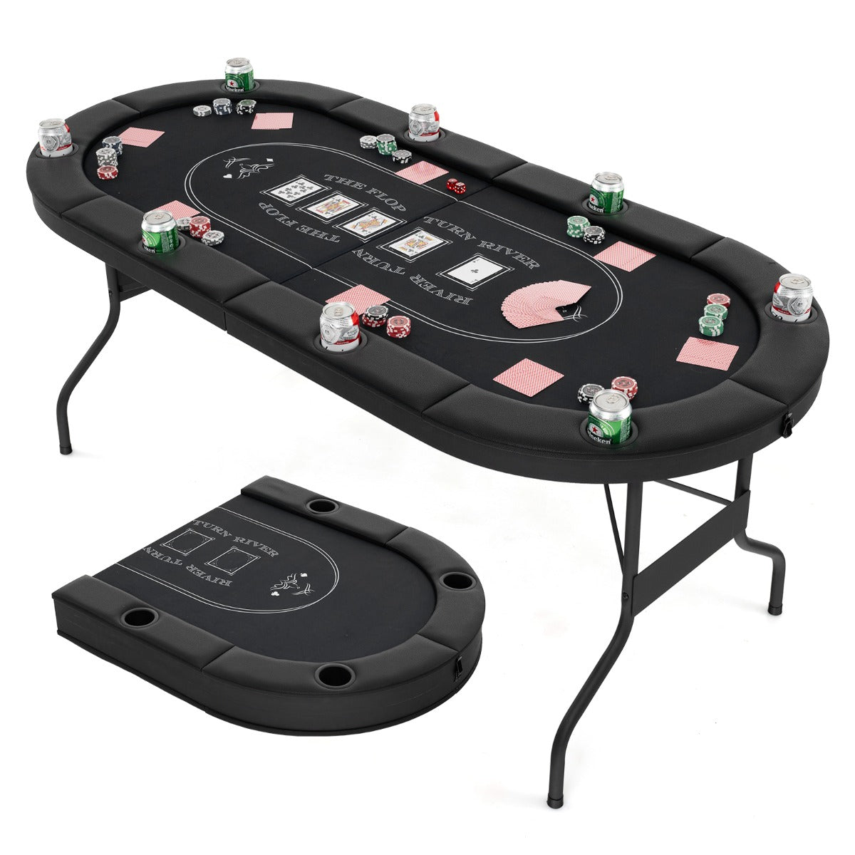 Mesa de Poker Dobrável de 182 cm para 8 Jogadores Mesa Oval Portátil para Jogos com Porta-copos Barreiras Almofadadas para Casa Preto