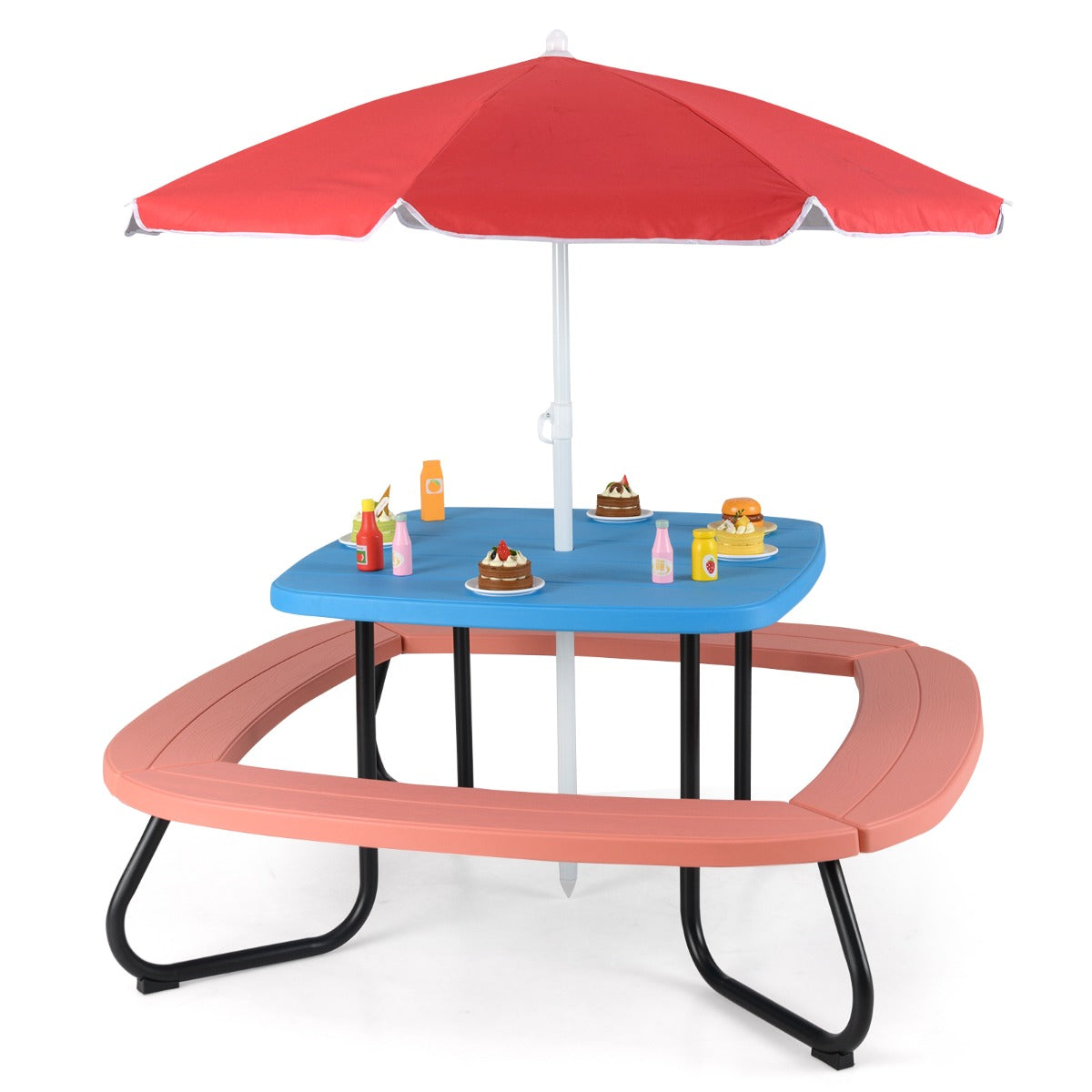 Mesa de Piquenique com Guarda-Sol Ajustável e Dobrável 4 Bancos Incorporados para Até 8 Crianças 125 × 125 × 100-160 cm - Azul