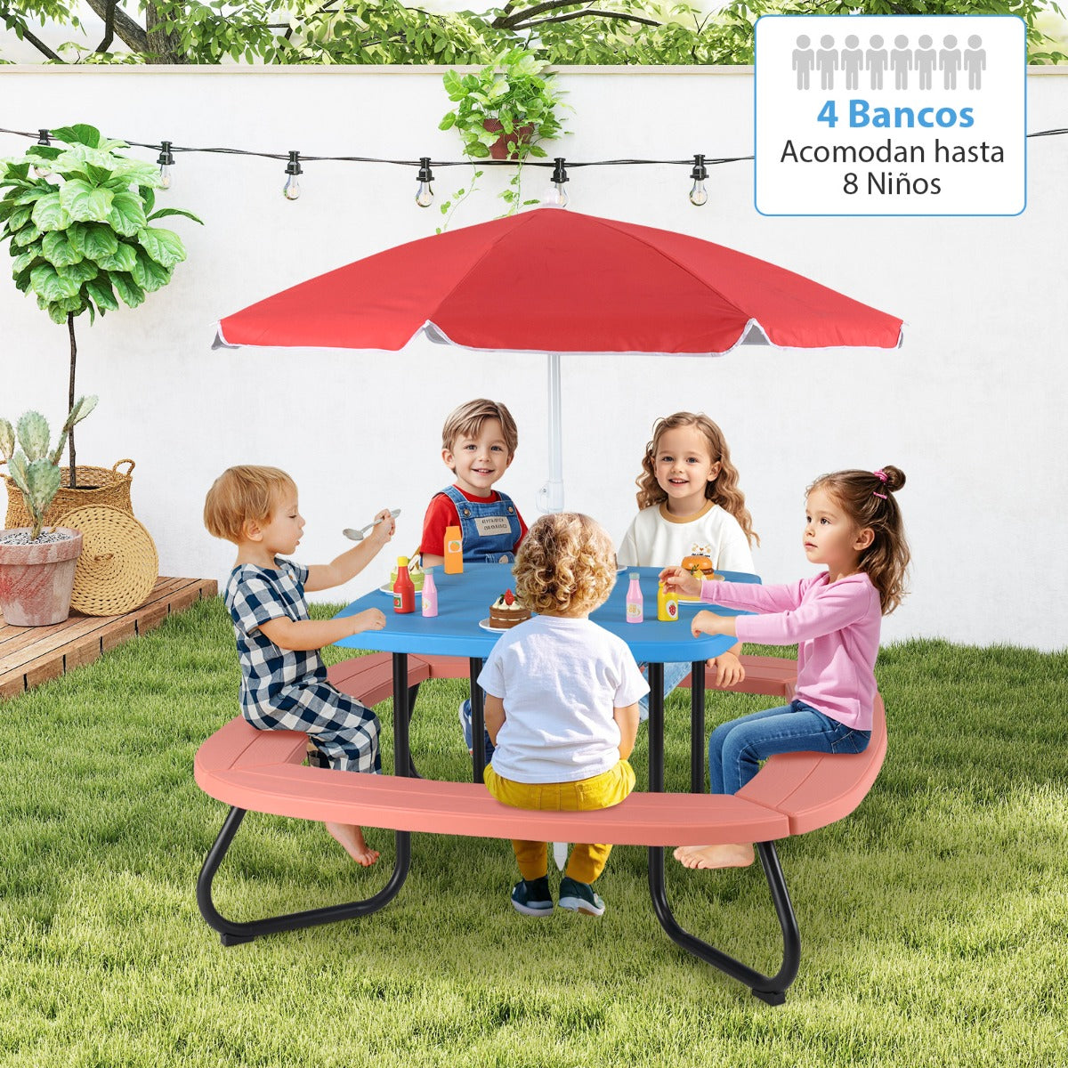 Mesa de Piquenique com Guarda-Sol Ajustável e Dobrável 4 Bancos Incorporados para Até 8 Crianças 125 × 125 × 100-160 cm - Azul