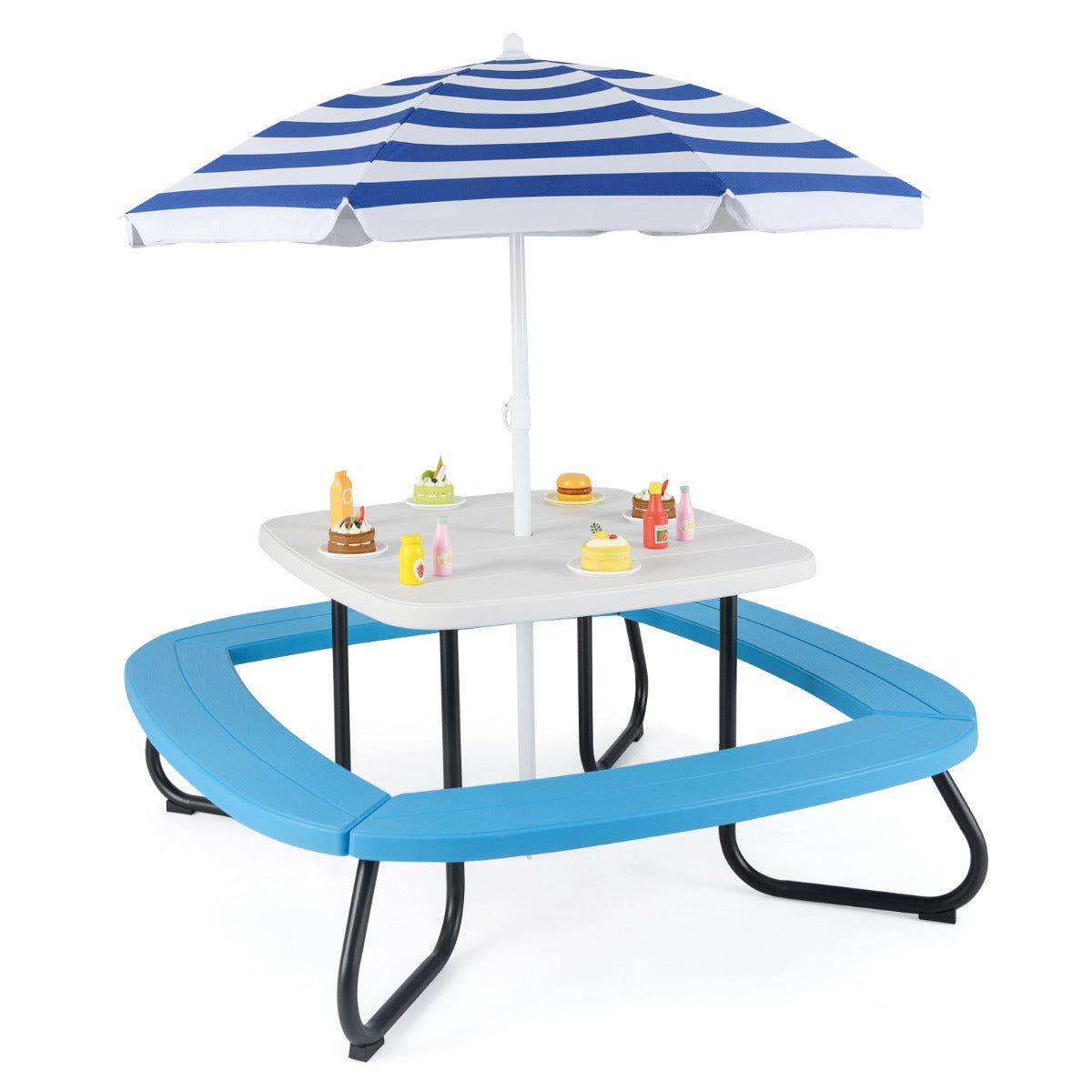 Mesa de Piquenique com Guarda-Sol Ajustável e Dobrável 4 Bancos Incorporados para Até 8 Crianças 125 × 125 × 100-160 cm - Branco
