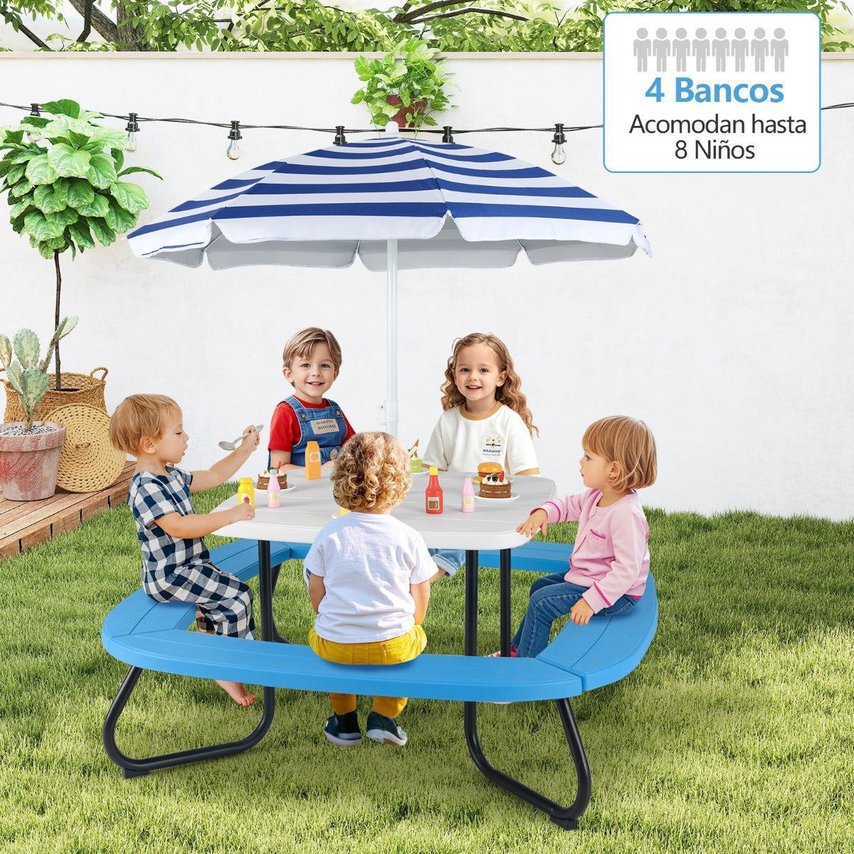 Mesa de Piquenique com Guarda-Sol Ajustável e Dobrável 4 Bancos Incorporados para Até 8 Crianças 125 × 125 × 100-160 cm - Branco