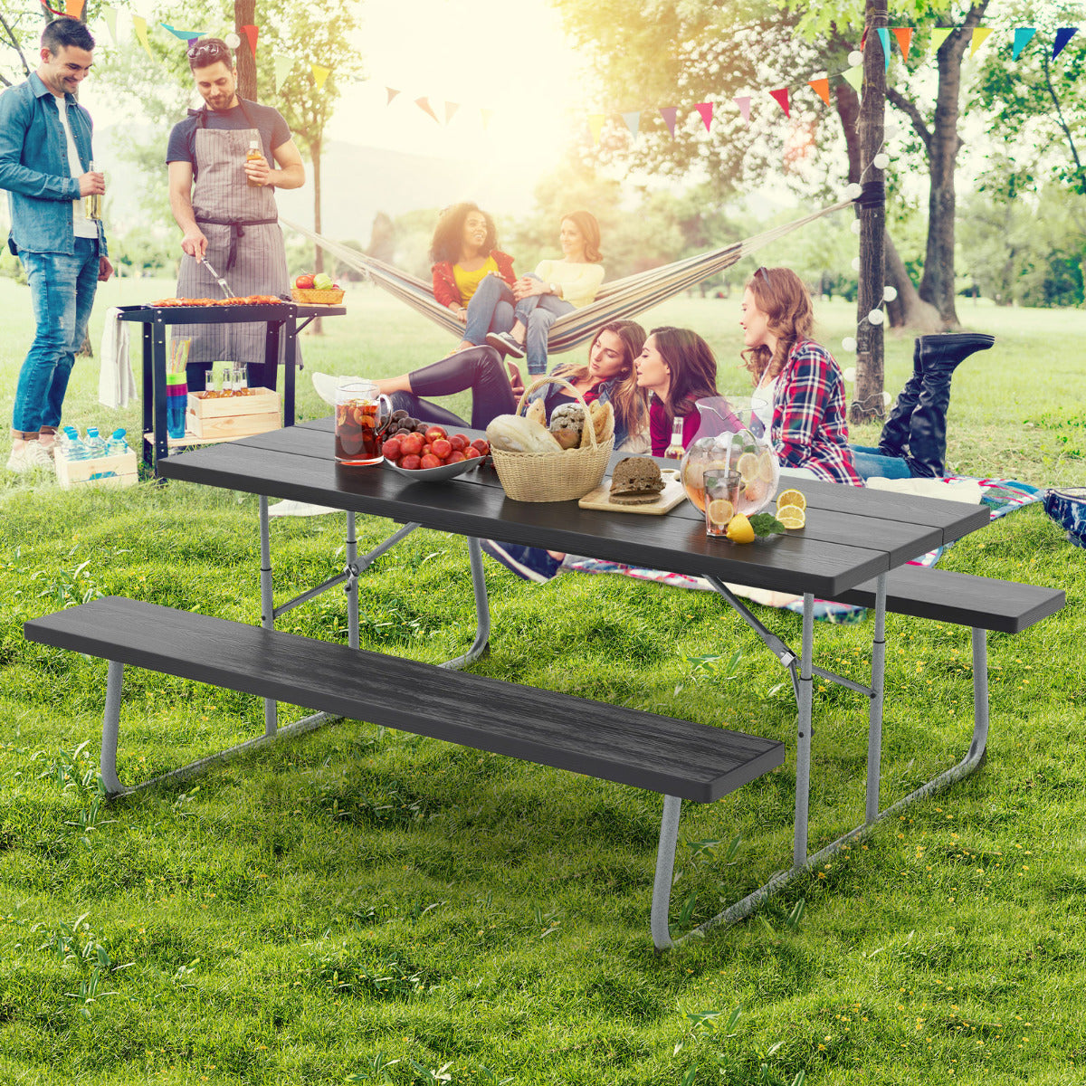 Mesa de Piquenique Dobrável – 183 cm – Preto – Metal