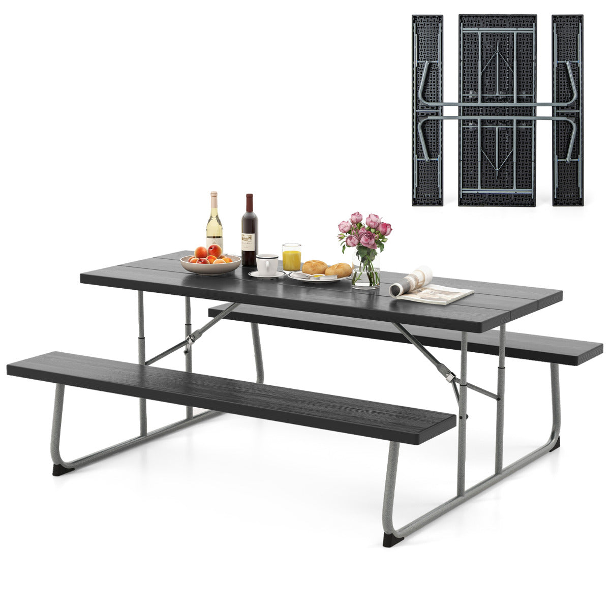 Mesa de Piquenique Dobrável – 183 cm – Preto – Metal