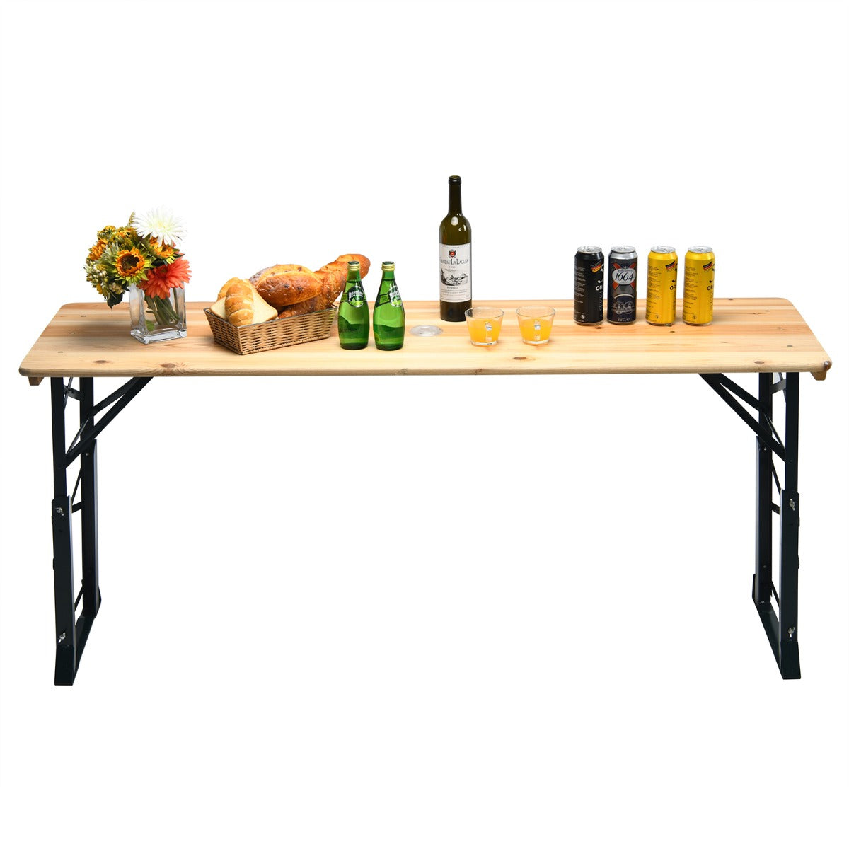 Mesa de Campismo Dobrável – 168,5 x 50 x 75-105 cm – Natural – Madeira e Metal