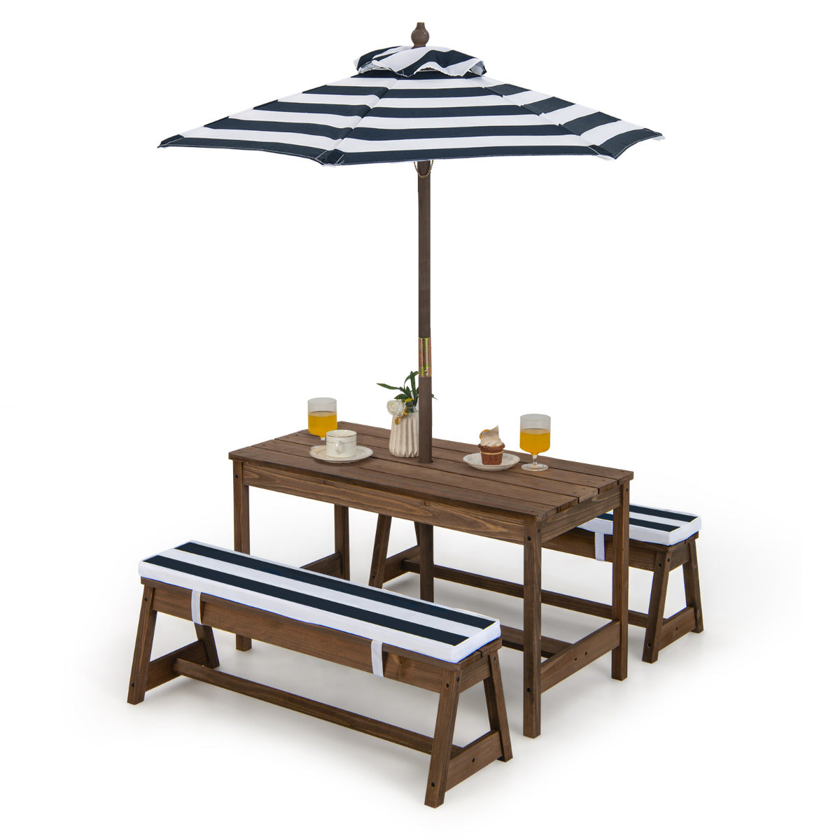 Conjunto de Mesa de Piquenique para Crianças com Guarda-Sol - Mesinha e Bancos de Madeira com Almofadas - Móveis Portáteis para Jardim e Pátio Traseiro Azul