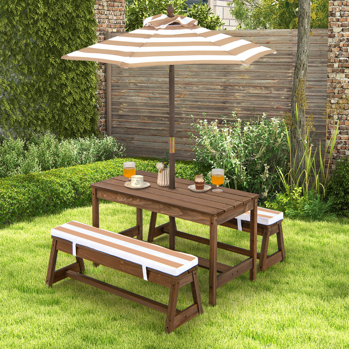 Mesa de Piquenique para Crianças com Guarda-Sol Conjunto de Mesa e Banco de Madeira com Almofadas Móveis Portáteis para Jardim Pátio Traseiro Castanho