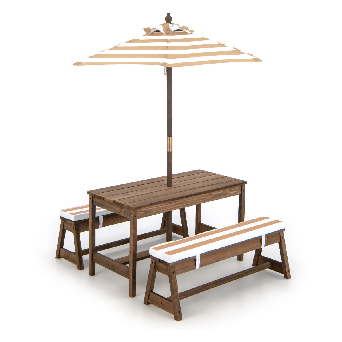 Mesa de Piquenique para Crianças com Guarda-Sol Conjunto de Mesa e Banco de Madeira com Almofadas Móveis Portáteis para Jardim Pátio Traseiro Castanho