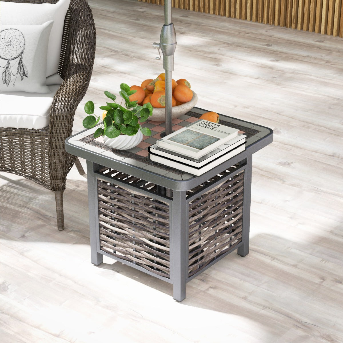 Mesa de Apoio de Jardim – 55 x 55 x 50 cm – Preto e Castanho – Ratan PE e Resina
