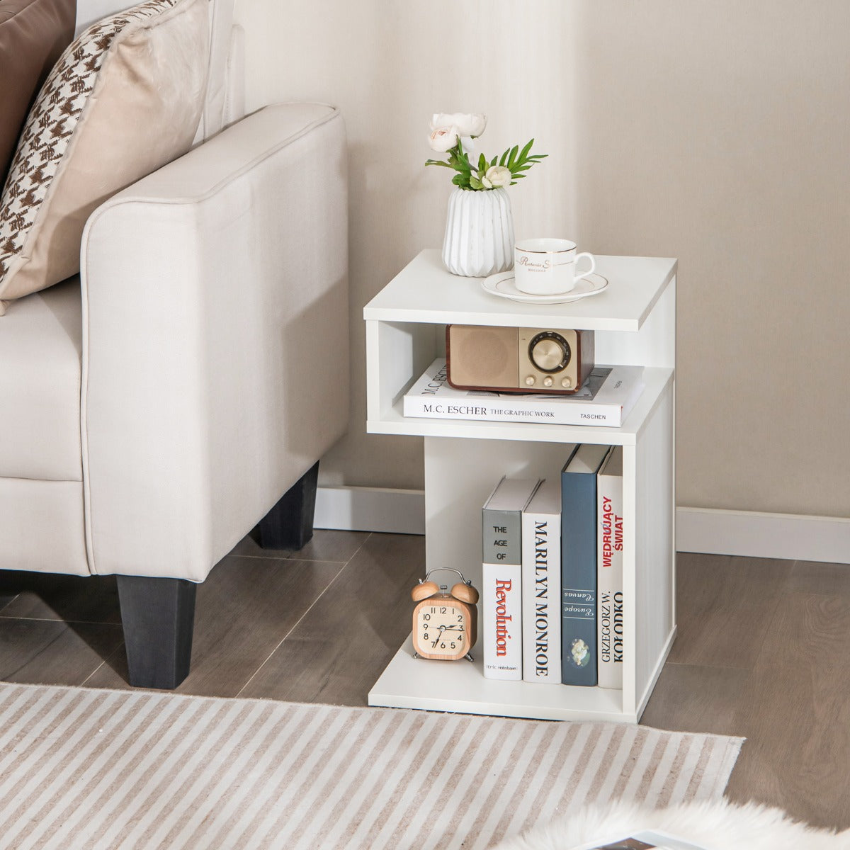 Mesa de Cabeceira Mesa Auxiliar em Forma de S Mesa de Sofá com 2 Compartimentos Abertos para a Sala de Estar 33 x 33 x 50 cm Branco