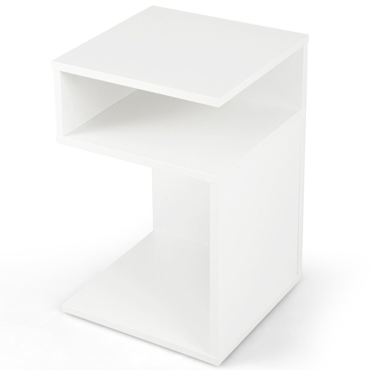 Mesa de Cabeceira Mesa Auxiliar em Forma de S Mesa de Sofá com 2 Compartimentos Abertos para a Sala de Estar 33 x 33 x 50 cm Branco