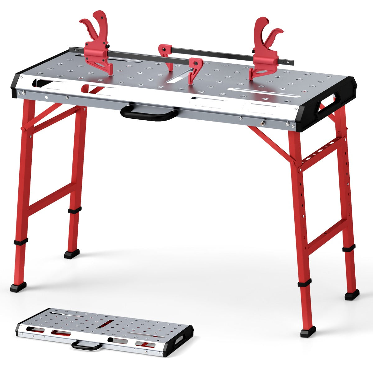 Banco de Trabalho de Soldadura Ajustável em Altura de Metal Portátil e Dobrável Resistente 107 x 62 x 70,5-93,3 cm Vermelho