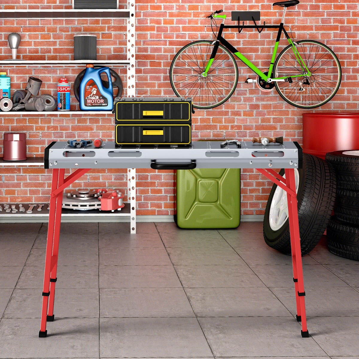 Banco de Trabalho de Soldadura Ajustável em Altura de Metal Portátil e Dobrável Resistente 107 x 62 x 70,5-93,3 cm Vermelho