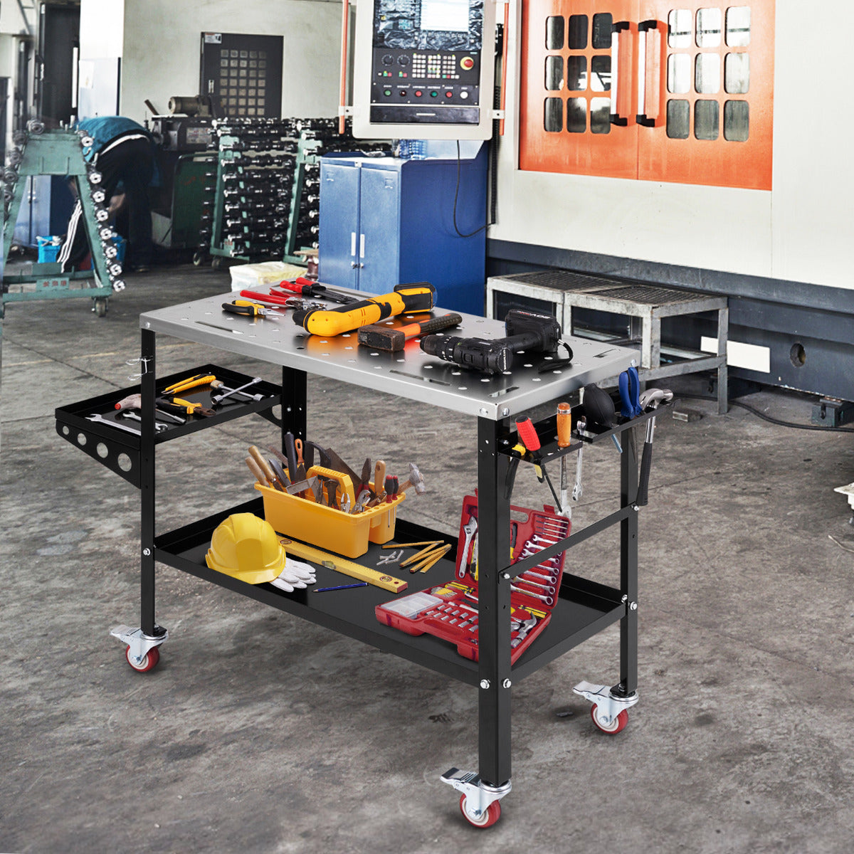 Banco de Trabalho para Soldadura de 92 x 46 cm com Capacidade de 540 kg, Rodas e Prateleira para Ferramentas