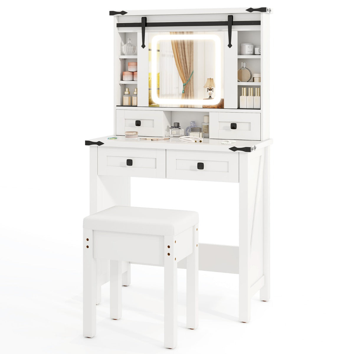 Mesa de Tocador Estilo Celeiro com Espelho Deslizante Luzes LED Ajustáveis Gavetas e Prateleiras 79 x 40 x 138 cm Branco